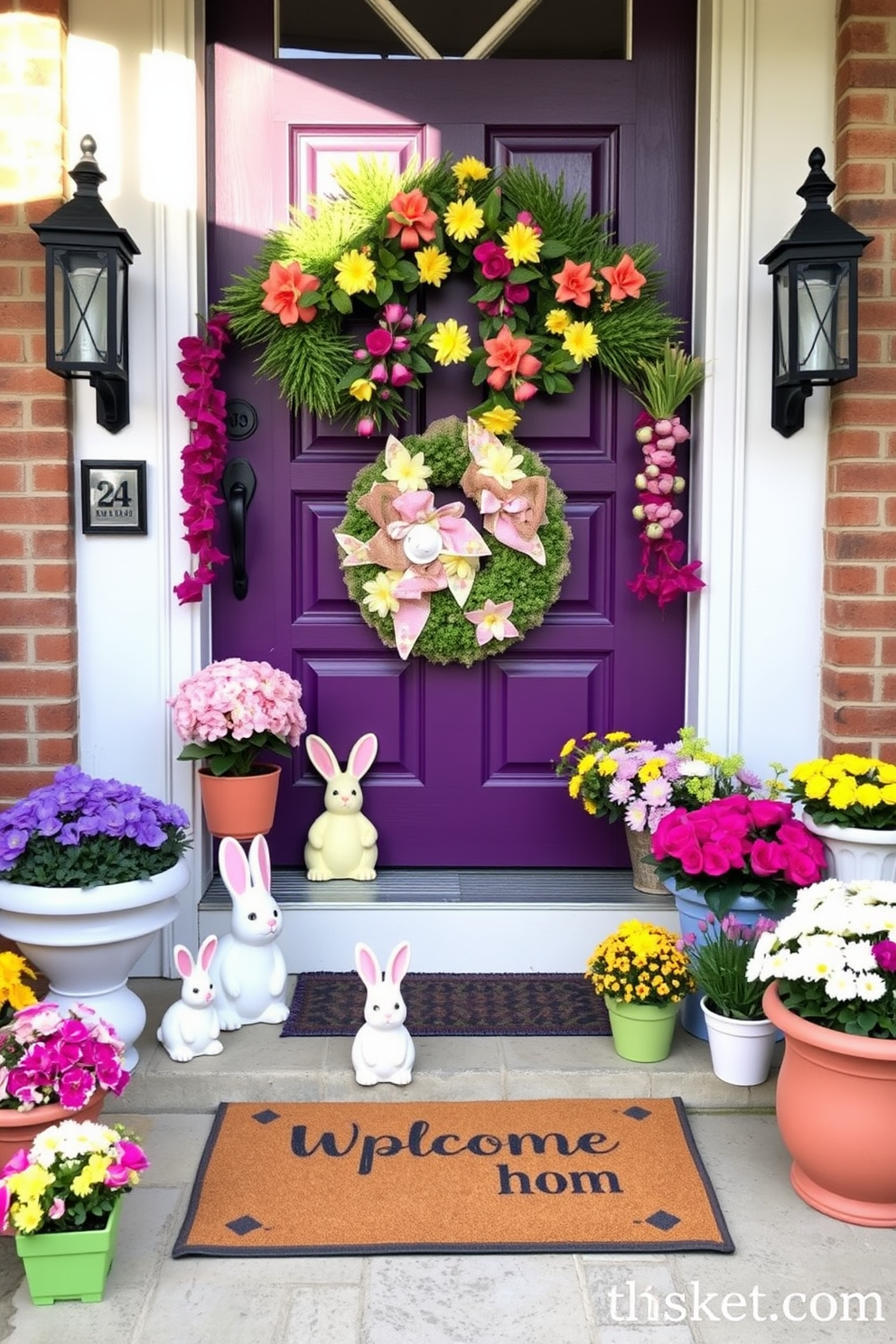 A charming front door adorned with vibrant spring decorations. Cute bunny figurines are placed on the steps, surrounded by colorful potted flowers and a cheerful welcome mat.