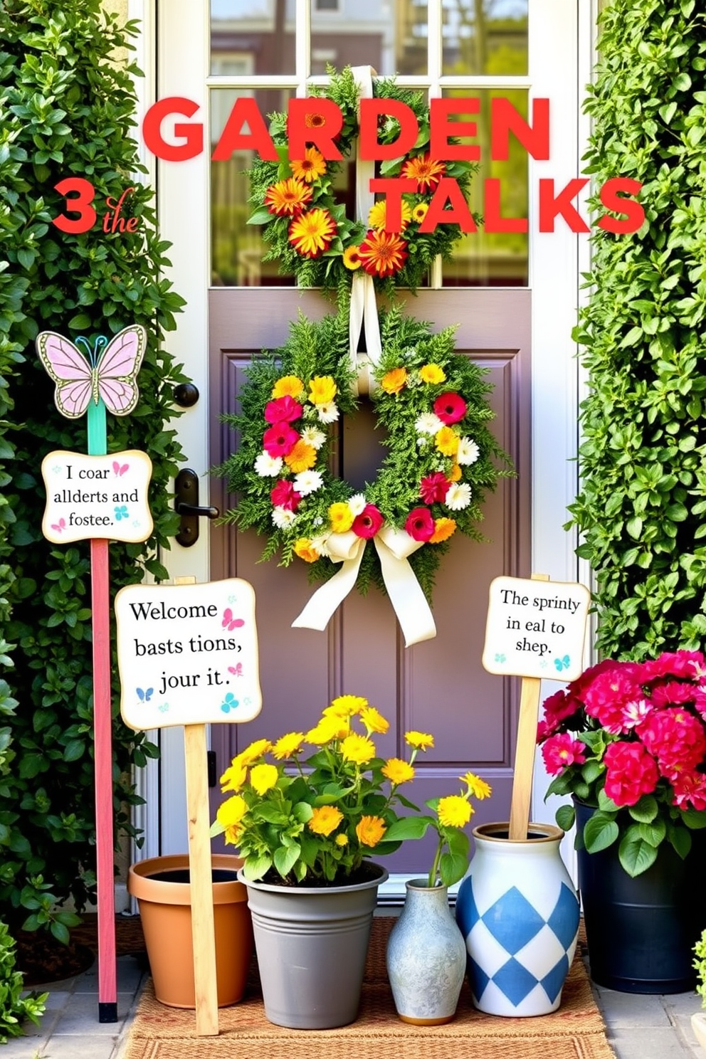 Whimsical garden stakes adorned with inspirational quotes create a cheerful and inviting atmosphere. Each stake features a unique design, such as butterflies or flowers, painted in vibrant colors against a backdrop of lush greenery. For spring front door decorating ideas, a charming wreath made of fresh flowers and greenery welcomes guests. Flanking the door, potted plants with colorful blooms add a touch of vibrancy and warmth to the entrance.