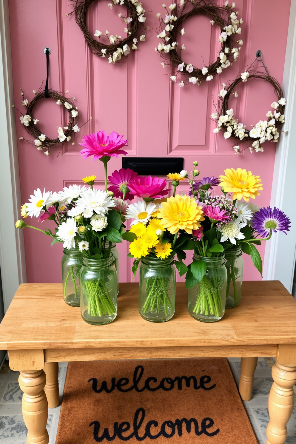 Fresh cut flowers in mason jars are arranged in a charming display on a rustic wooden table. The vibrant colors of the blooms contrast beautifully with the soft pastel hues of the front door, creating an inviting and cheerful entrance. To enhance the spring theme, delicate wreaths made of twigs and blossoms are hung on the door. A welcome mat with a playful design sits at the base, complementing the overall decor and inviting guests to step inside.