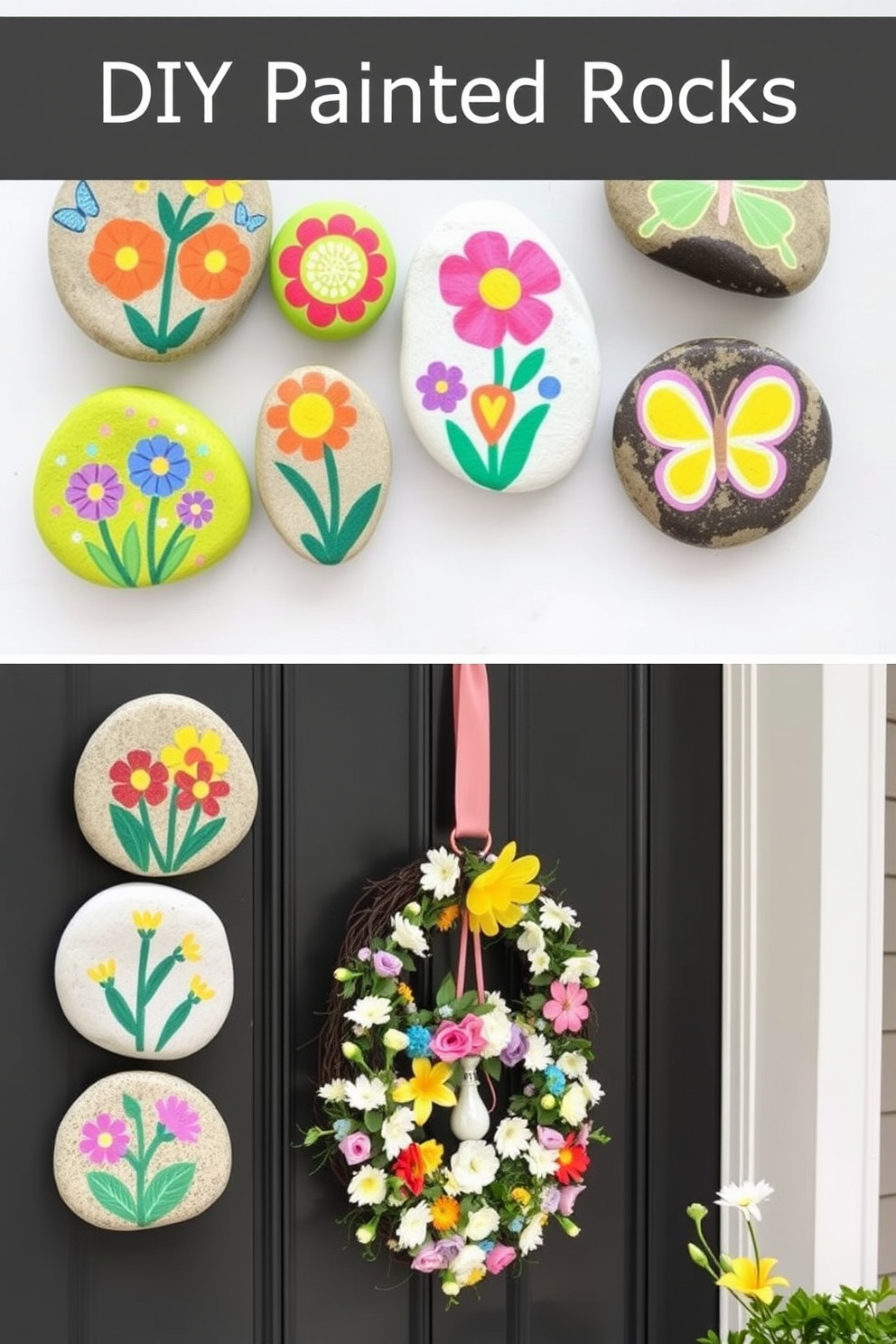 A collection of DIY painted rocks featuring vibrant spring themes. Each rock showcases colorful flowers, butterflies, and cheerful designs that celebrate the season. A beautifully decorated front door that embraces the essence of spring. The door is adorned with a wreath made of fresh flowers, complemented by pastel-colored accents and seasonal decorations.