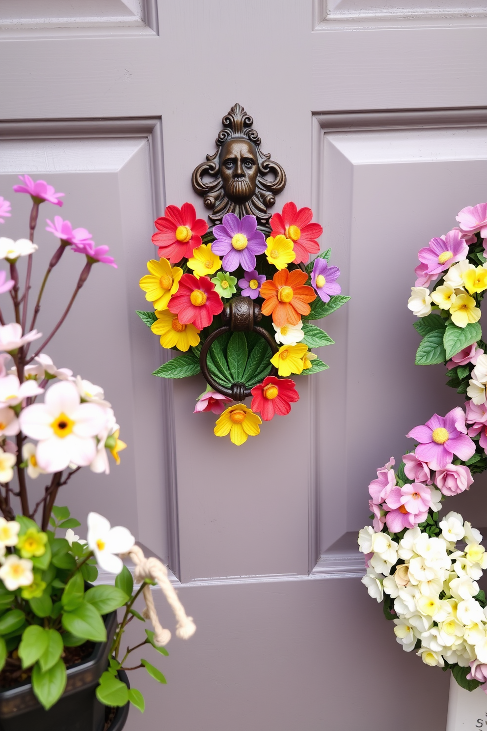 A vibrant door knocker shaped like colorful flowers adorns the front door, welcoming guests with a cheerful touch. Surrounding the door, seasonal decorations feature blooming plants and pastel-colored wreaths that capture the essence of spring.