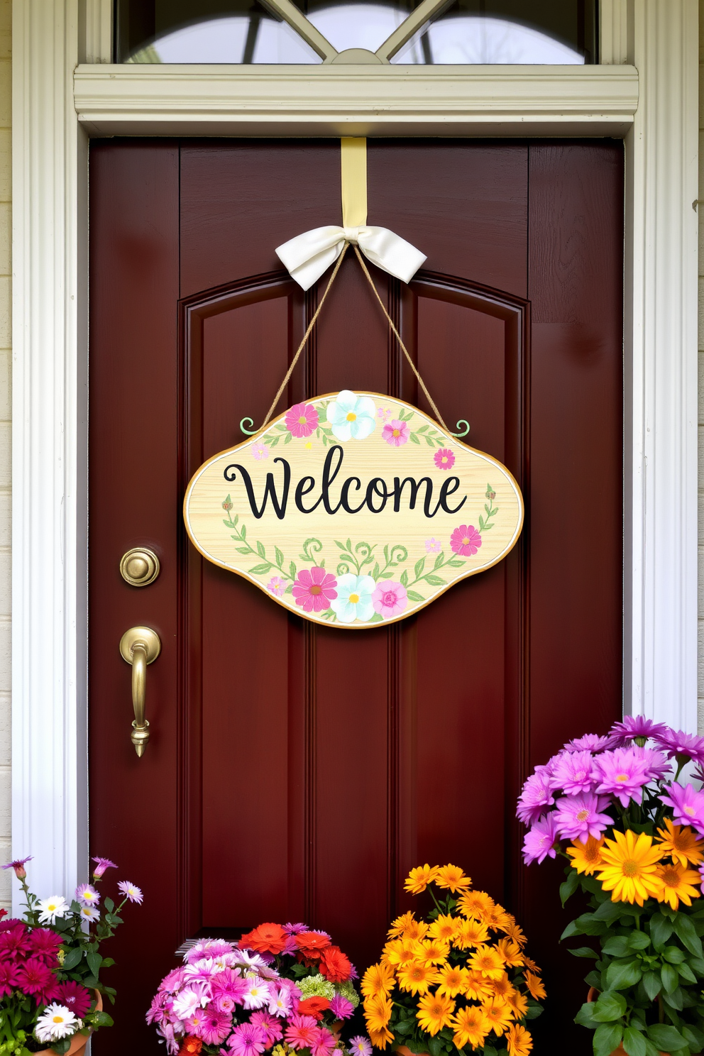 A charming spring-themed welcome sign hangs on the front door adorned with pastel colors and floral designs. Surrounding the door, potted flowers in vibrant hues create a cheerful and inviting atmosphere.