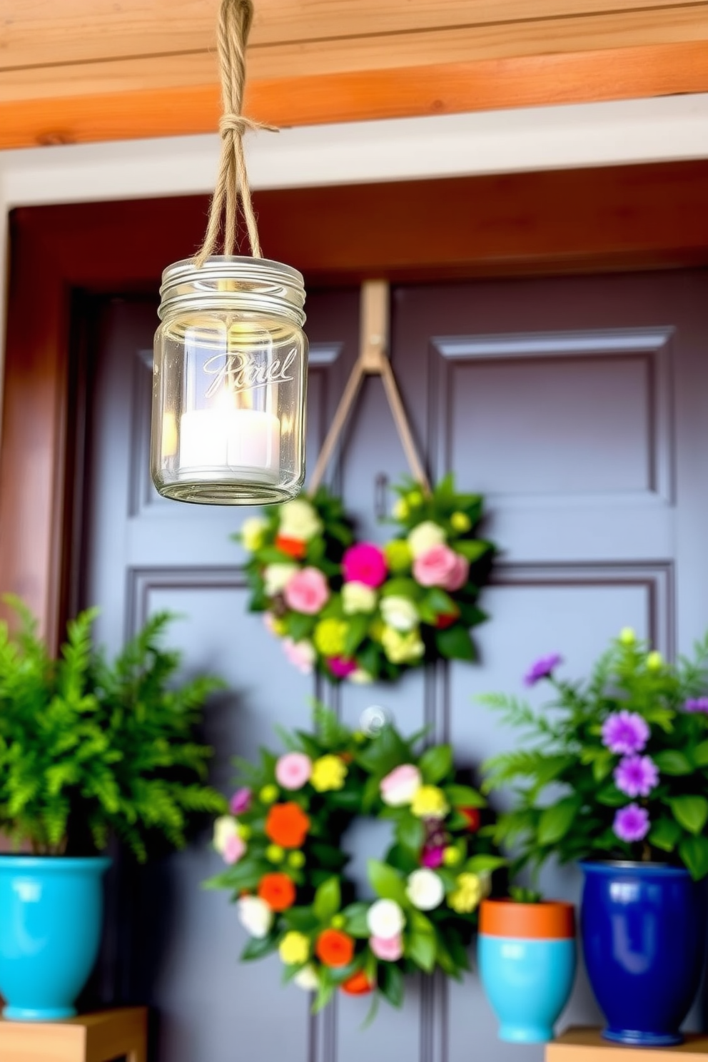 Hanging mason jar candle holders create a charming and rustic ambiance. The jars are filled with soft glowing candles and suspended from a wooden beam with twine. For spring front door decorating ideas, consider a vibrant wreath made of fresh flowers and greenery. Flank the door with potted plants in colorful ceramic pots to welcome guests with a cheerful touch.