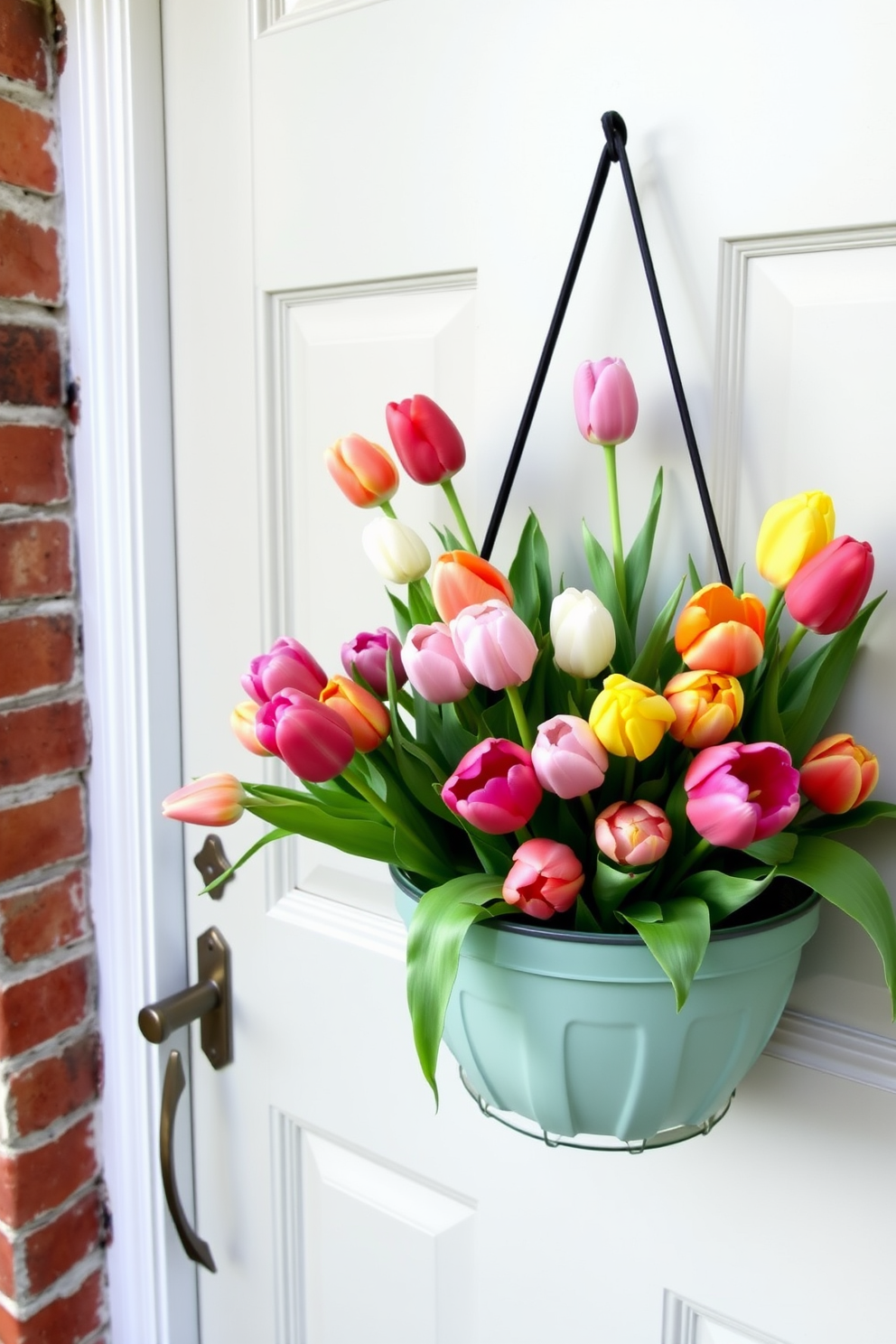 A charming front door adorned with a hanging basket filled with vibrant tulips in various colors. The door is painted a soft pastel shade, complementing the fresh blooms and creating a welcoming spring atmosphere.