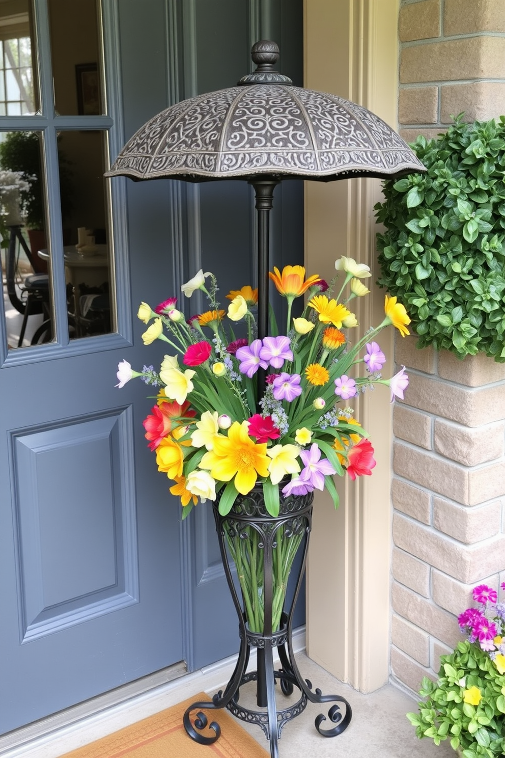 A decorative umbrella stand filled with vibrant spring flowers greets visitors at the front door. The stand is made of elegant metal with intricate designs, enhancing the welcoming atmosphere of the entryway.