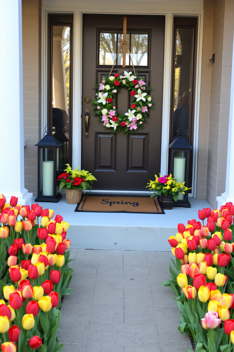 Potted tulips in vibrant colors line the walkway, creating a cheerful and inviting atmosphere. The tulips are arranged in neat rows, with a mix of red, yellow, and pink blooms that add a touch of spring to the entrance. The front door is adorned with a beautiful spring-themed wreath made of fresh greenery and delicate flowers. A stylish doormat welcomes guests, and decorative lanterns flank the door, enhancing the seasonal charm.