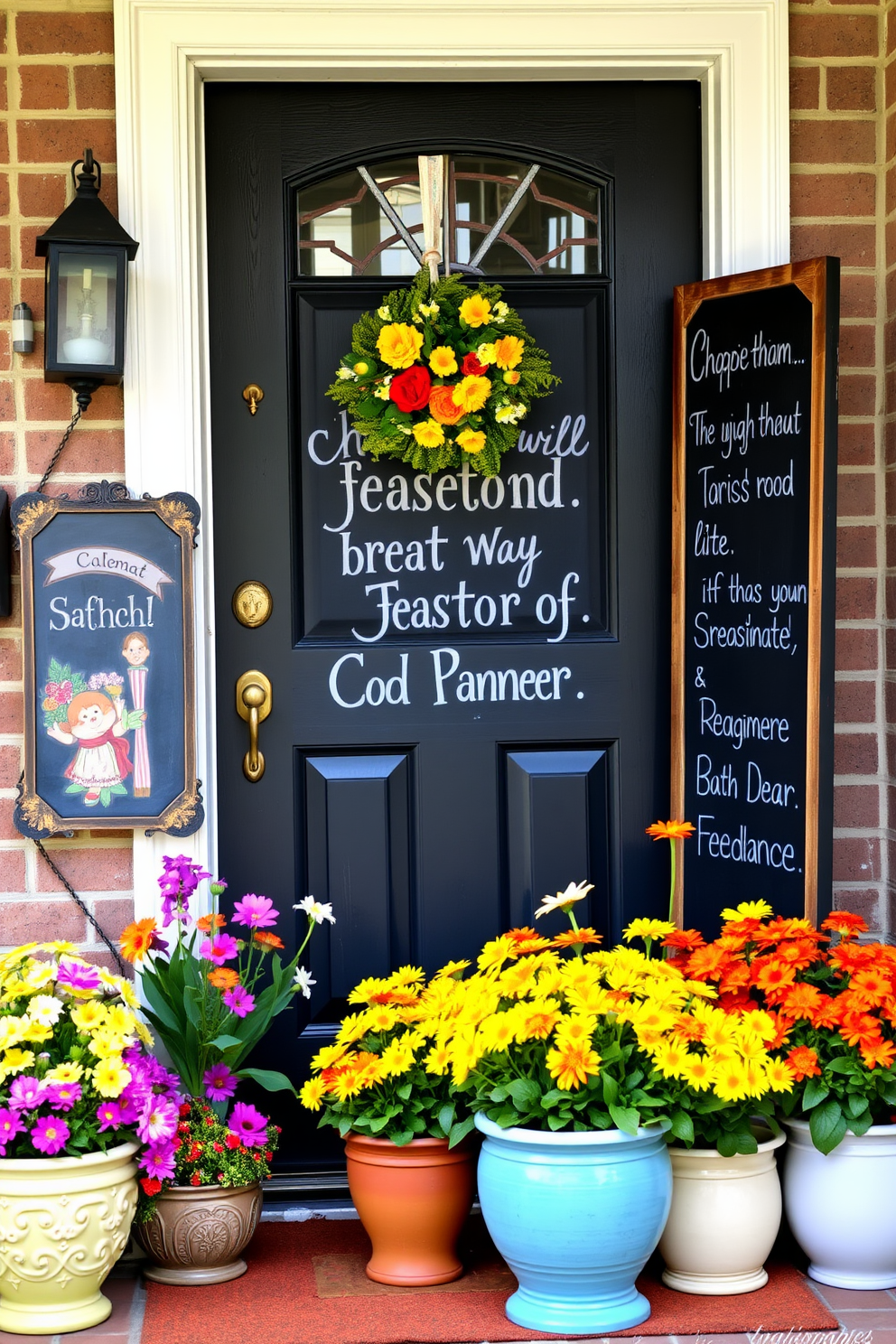 A charming front door adorned with a chalkboard sign displaying cheerful seasonal messages. Surrounding the door, vibrant spring flowers in colorful pots create a welcoming atmosphere.