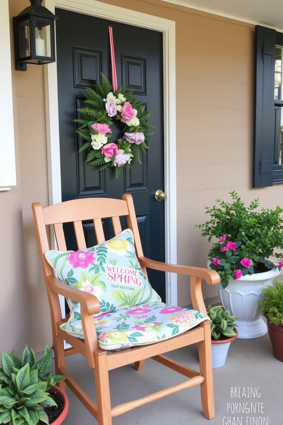 A cozy porch features a chair adorned with a vibrant floral print cushion that adds a touch of color. The surrounding area is enhanced with potted plants and a welcoming spring wreath on the front door, creating an inviting atmosphere.