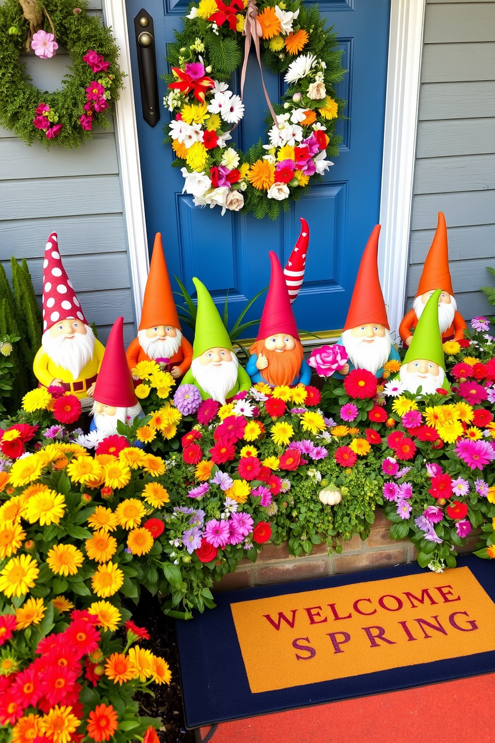 Brightly colored garden gnomes are arranged in a whimsical display across a vibrant flower bed. Each gnome features unique patterns and cheerful expressions, surrounded by blooming flowers and lush greenery. The front door is adorned with a cheerful spring wreath made of fresh flowers and greenery. A colorful welcome mat lies at the entrance, inviting guests to enjoy the lively decor.