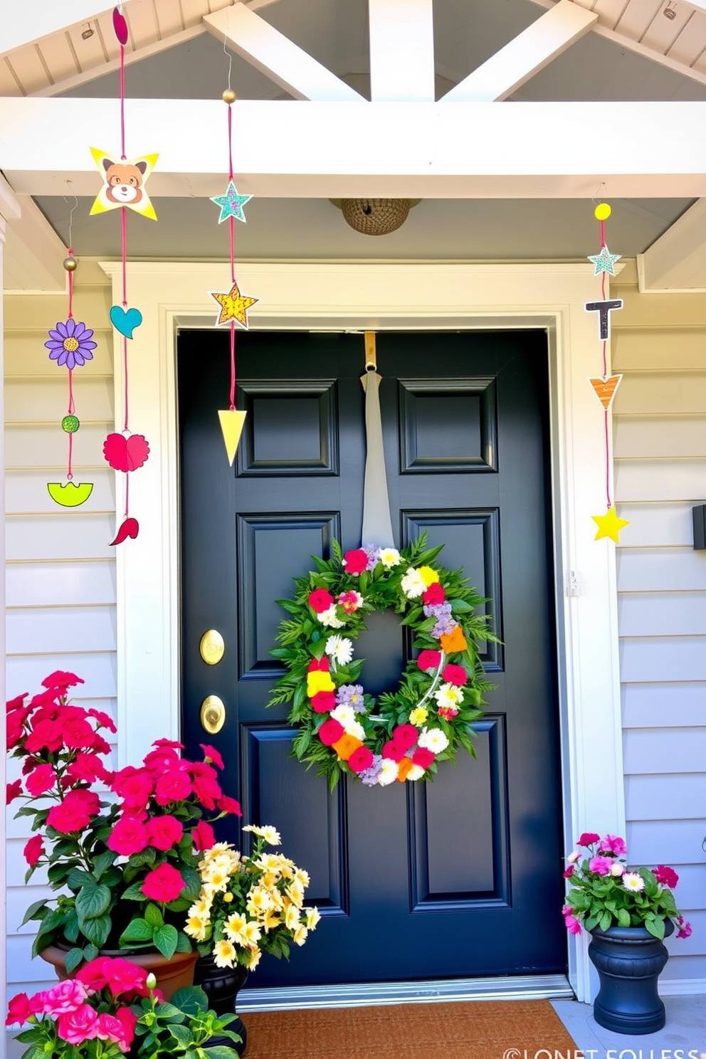 Whimsical wind chimes hang from the eaves of a charming front porch, creating a delightful melody with every breeze. The chimes are crafted from colorful materials, featuring playful shapes and designs that evoke a sense of joy and creativity. The front door is adorned with a vibrant spring wreath made of fresh flowers and greenery, welcoming guests with its lively colors. Potted plants with blooming flowers flank the door, adding a cheerful touch to the entrance and enhancing the inviting atmosphere.