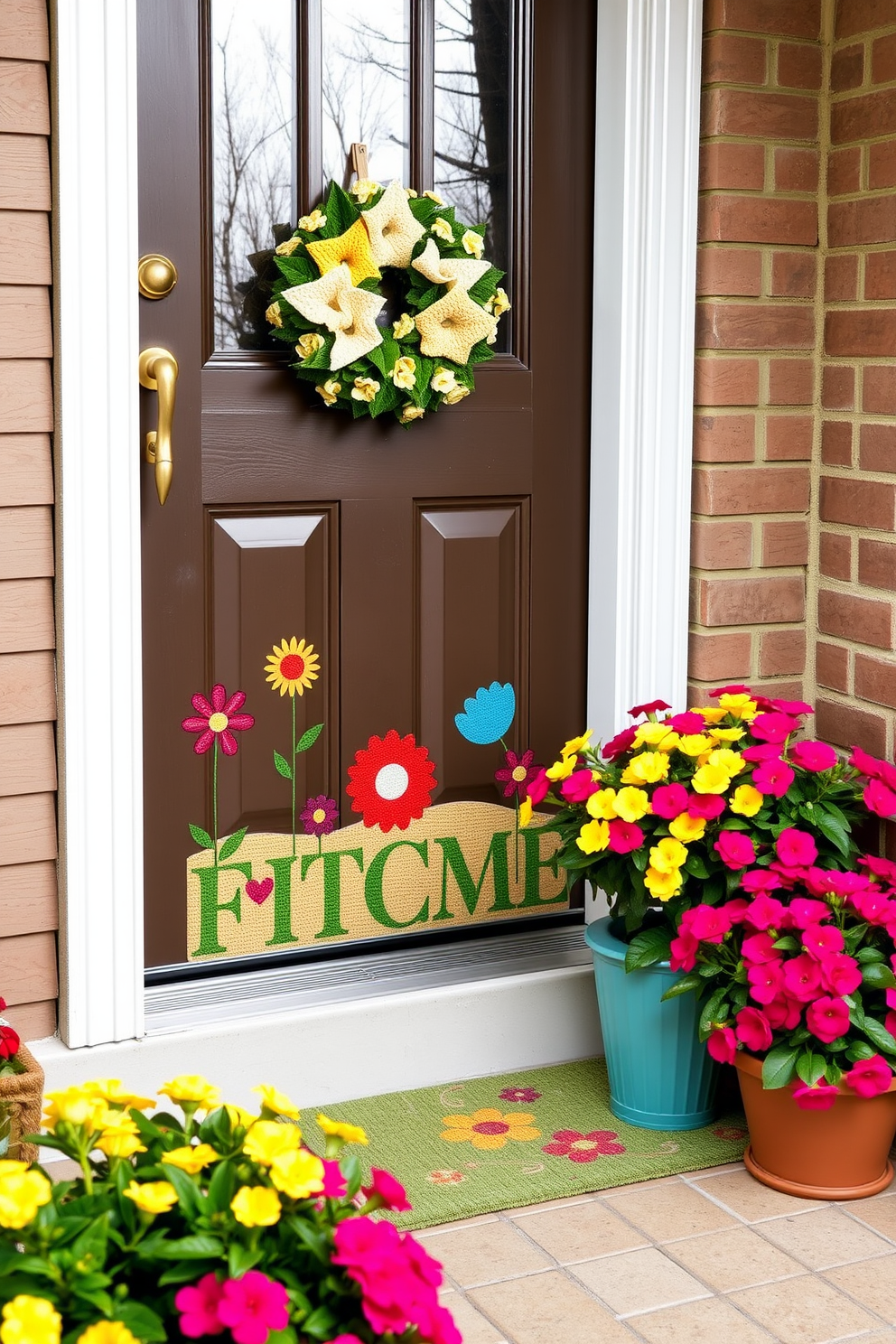 A seasonal doormat featuring playful floral designs welcomes guests at the front door. Surrounding the door, cheerful potted plants in vibrant colors complement the inviting atmosphere of spring.