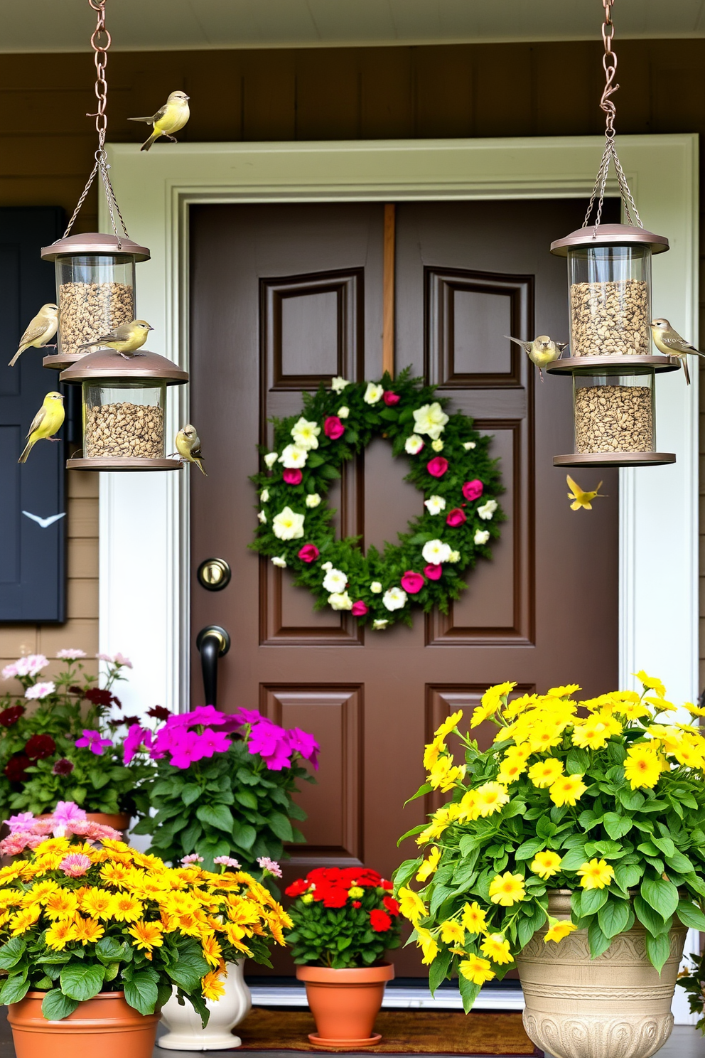 Create a charming front porch scene adorned with hanging bird feeders filled with seeds to attract cheerful birds. The entrance features a welcoming spring wreath on the door, surrounded by vibrant potted flowers in full bloom.