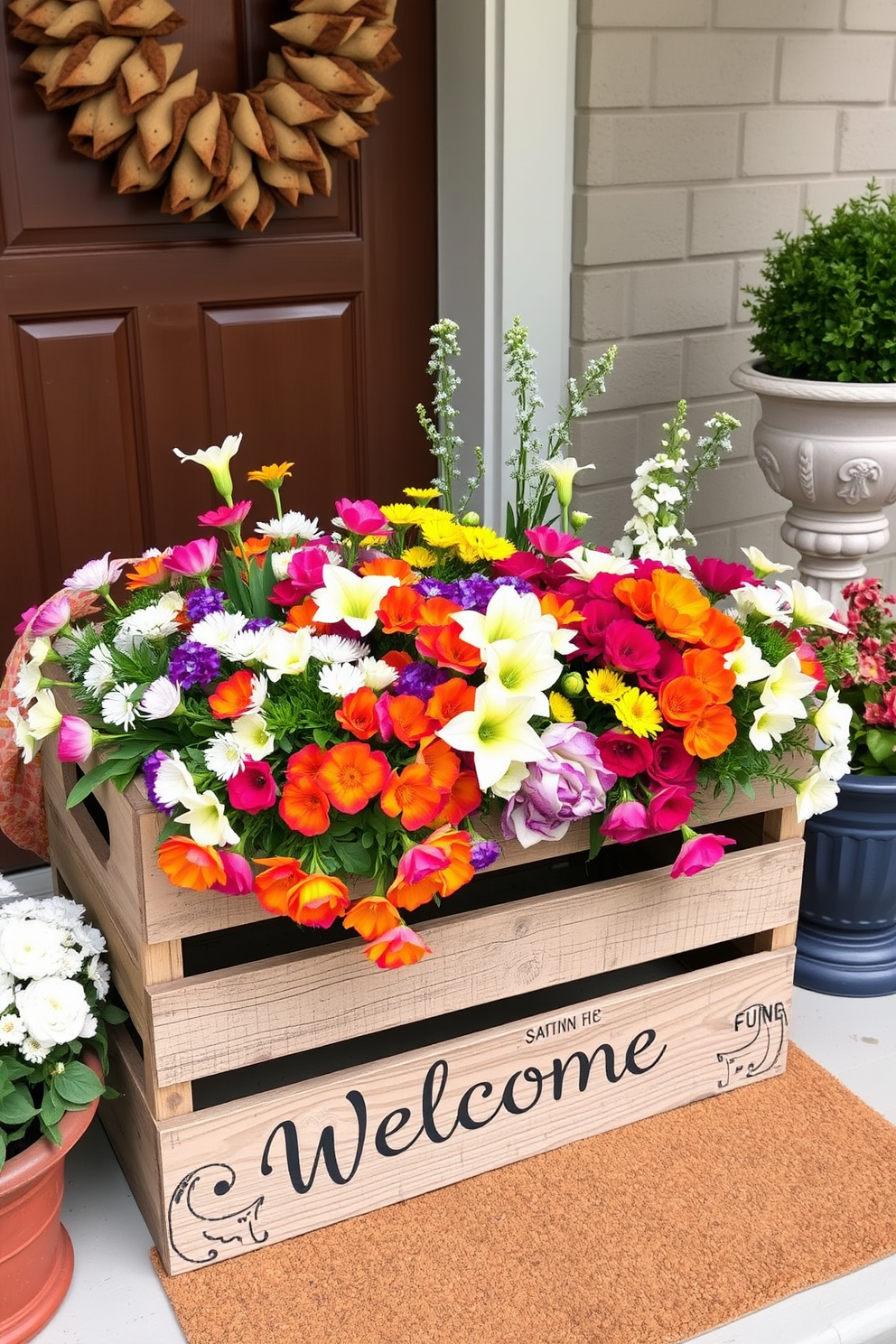 A rustic wooden crate is filled with vibrant spring blooms in various colors. The crate is placed on a welcoming front porch, accompanied by a charming welcome mat and potted plants.