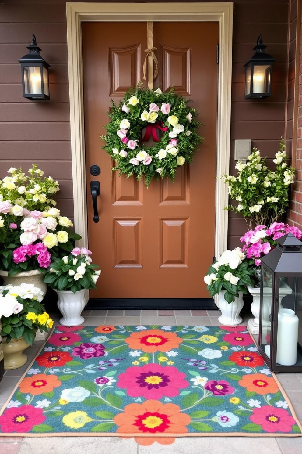 A vibrant outdoor rug is placed at the entrance, featuring a colorful floral pattern that adds a cheerful touch. Surrounding the door, potted plants with blooming flowers create a warm and inviting atmosphere. The front door is adorned with a beautiful spring wreath made of fresh greenery and pastel-colored blooms. Flanking the door, lanterns with soft lighting enhance the welcoming feel as guests arrive.