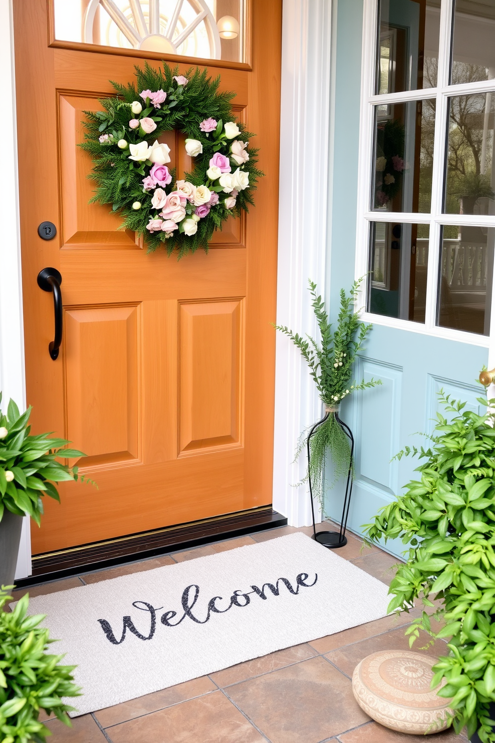 A pastel colored welcome mat is placed at the entrance, adding a soft touch to the home. The front door is adorned with a beautiful spring wreath made of fresh flowers and greenery.