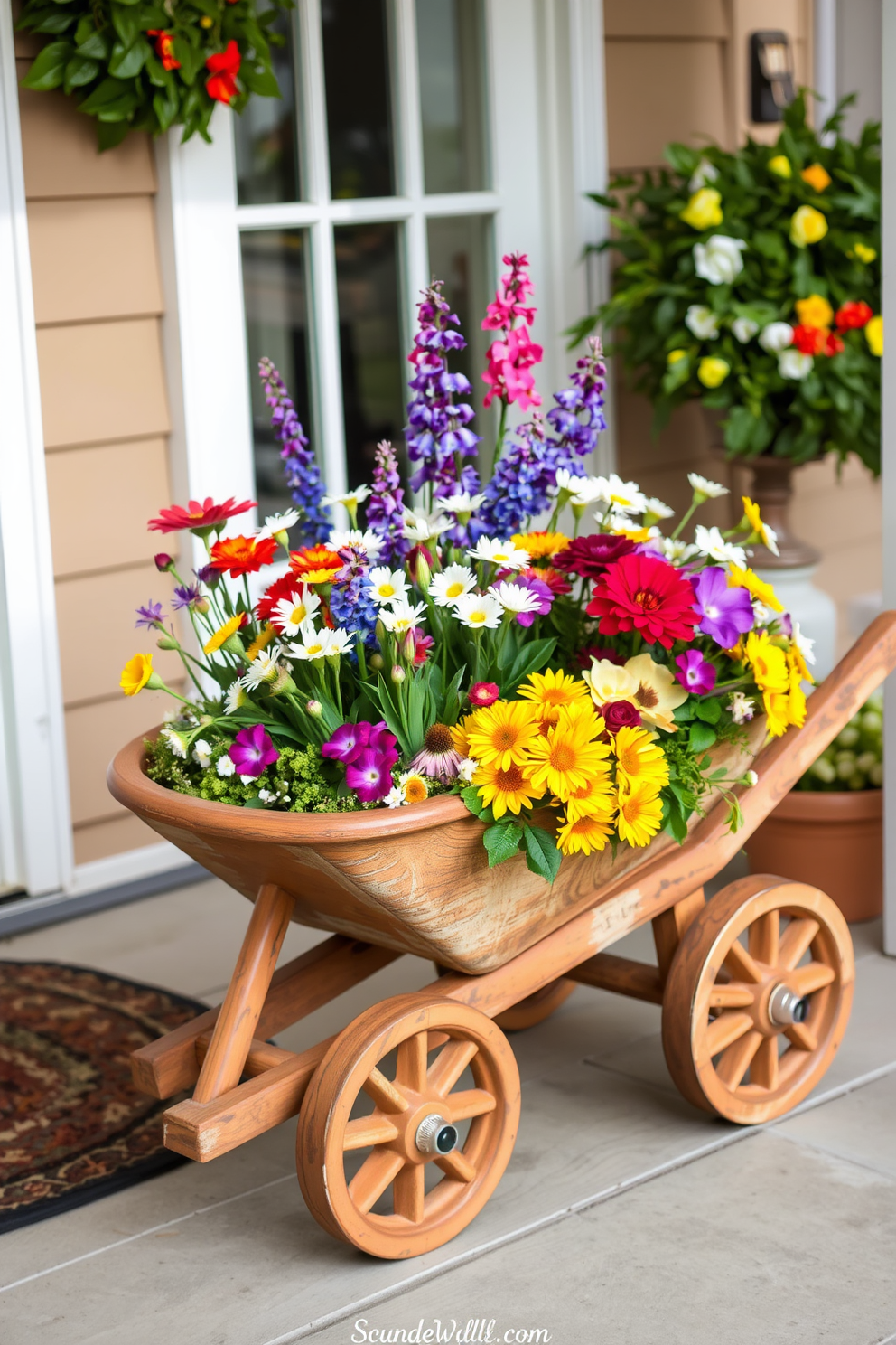 A charming decorative wheelbarrow is filled to the brim with vibrant spring flowers, creating a welcoming and cheerful display. The wheelbarrow is placed near the front door, enhancing the entrance with a touch of rustic charm and seasonal beauty.