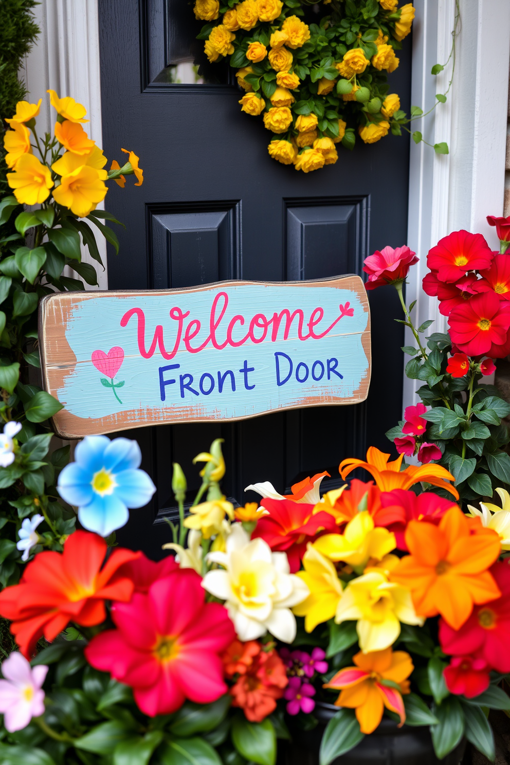 Brightly painted wooden sign with cheerful greetings welcomes guests at the front door. Surrounded by vibrant spring flowers and lush greenery, the sign adds a touch of warmth and charm to the entrance.