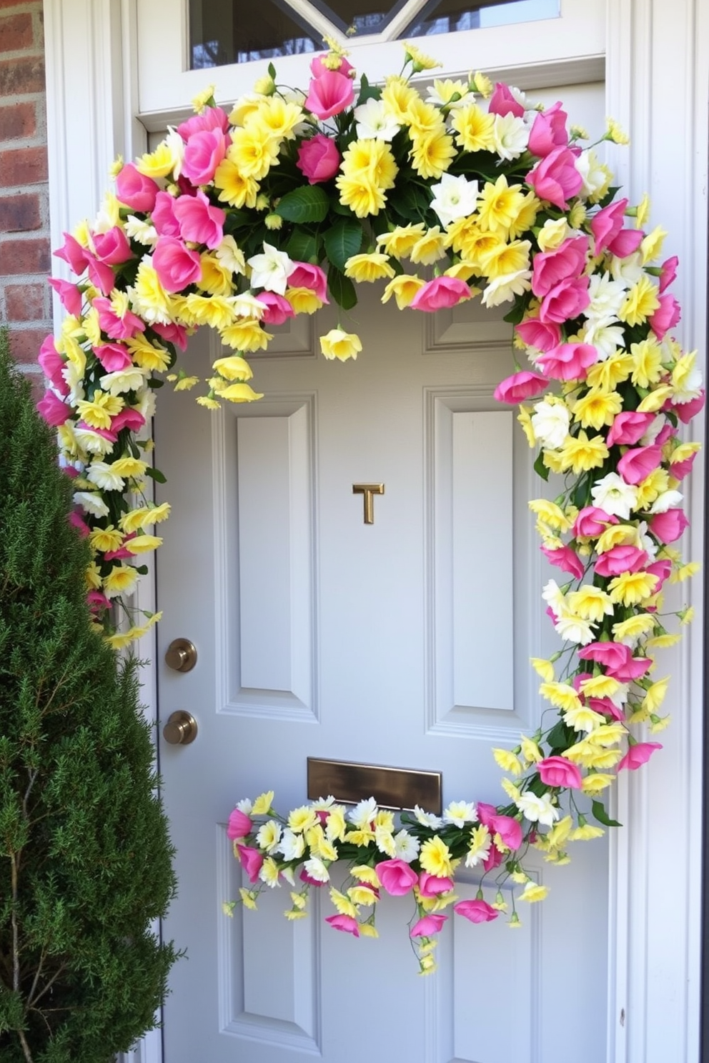 A charming front door adorned with a floral garland that cascades gracefully across the top. The vibrant blooms in shades of pink, yellow, and white create a welcoming atmosphere for the spring season.