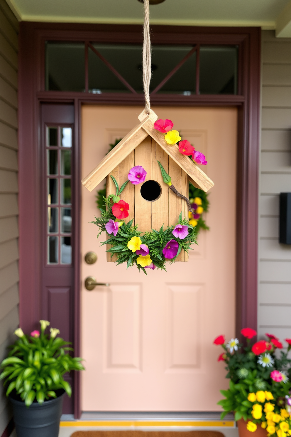 A charming birdhouse hangs near the entrance, crafted from natural wood with a rustic finish. It features a small round opening and a slanted roof adorned with vibrant flowers, welcoming guests with a touch of whimsy. The front door is painted in a cheerful pastel color, complemented by a seasonal wreath made of fresh greenery and colorful blooms. Flanking the door are potted plants that add life and color, creating an inviting atmosphere for spring.