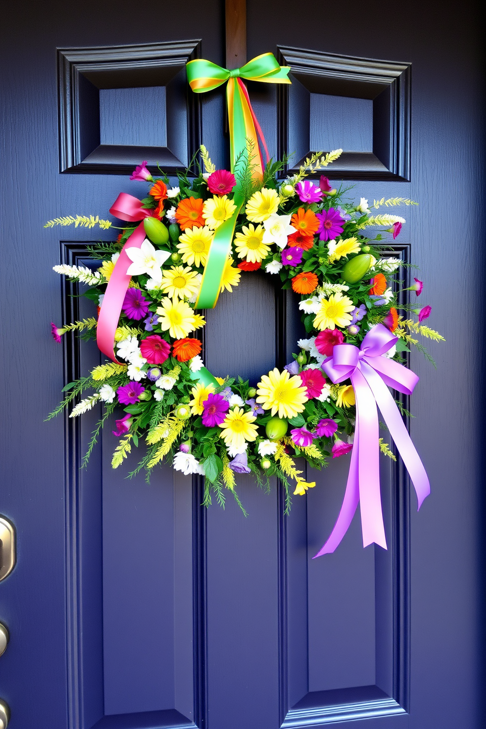 A vibrant spring wreath adorned with colorful ribbons hangs gracefully on a welcoming front door. The wreath is filled with an array of fresh flowers and greenery, creating a cheerful and inviting entrance to the home.