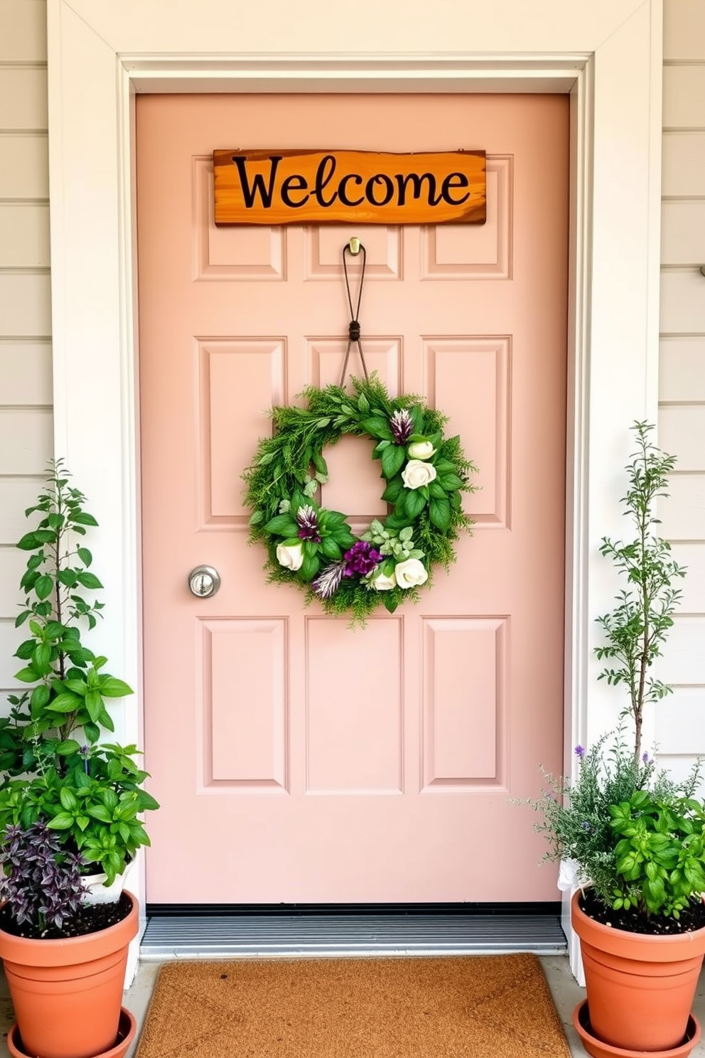 A charming front door adorned with vibrant potted herbs creates a welcoming atmosphere. The planters are arranged symmetrically on either side of the entrance, featuring basil, rosemary, and thyme for fresh spring scents. The door itself is painted in a cheerful pastel color, complemented by a rustic wooden welcome sign. A seasonal wreath made of fresh greens and flowers adds a touch of natural beauty to the overall decor.