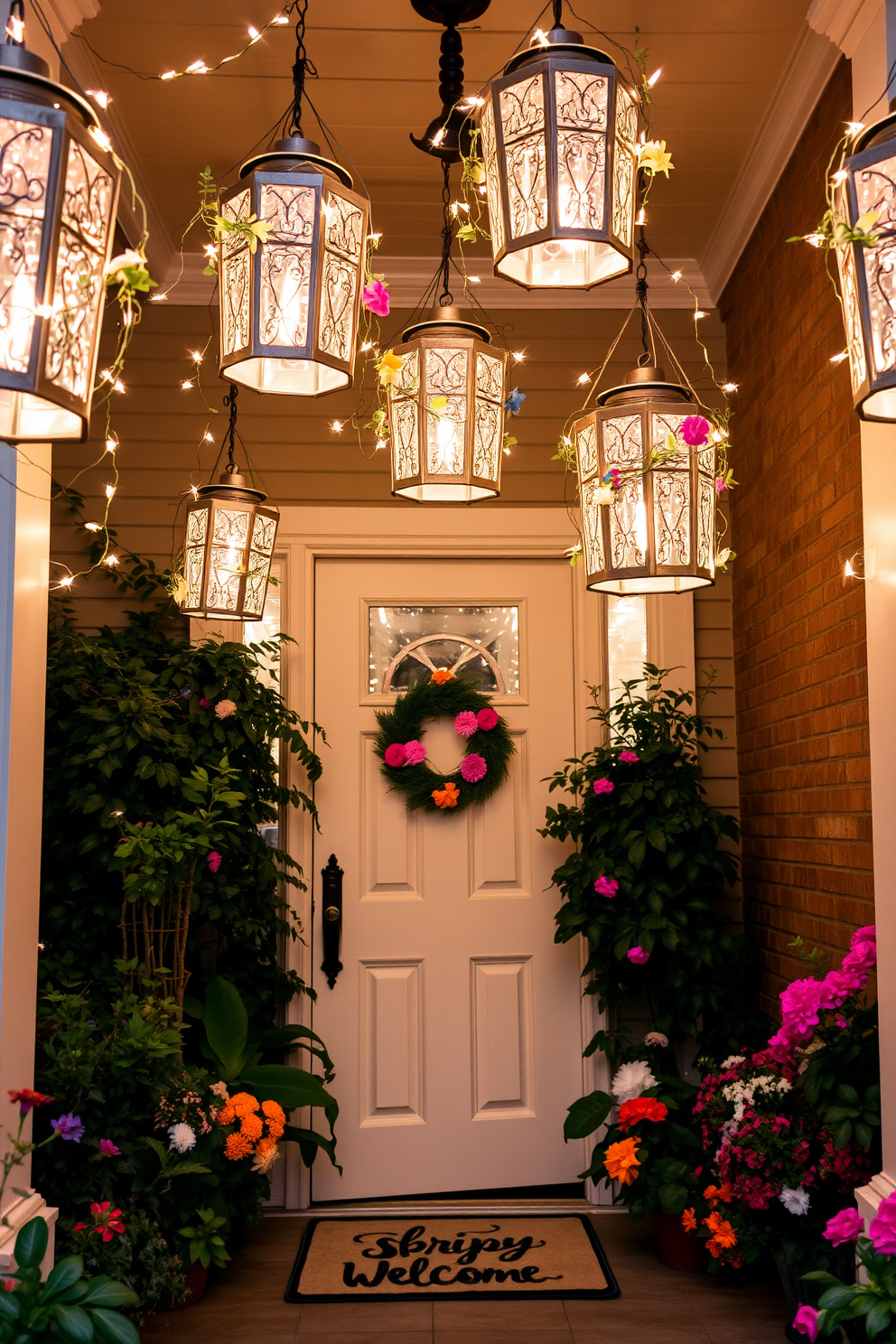 Decorative lanterns with fairy lights hang elegantly from the ceiling, casting a warm and inviting glow. The lanterns are adorned with delicate vines and colorful blooms, creating a whimsical atmosphere at the entrance. The front door is framed by lush greenery and vibrant flowers, enhancing the cheerful spring vibe. A welcome mat with a playful design lies at the threshold, inviting guests to step inside.