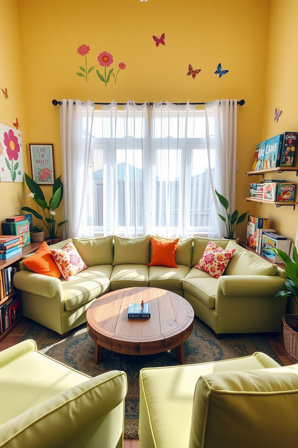 A vibrant game corner designed for spring. The walls are painted in a soft pastel yellow, with playful art featuring flowers and butterflies adorning the space. A cozy seating area includes a plush sectional in light green, accented with colorful throw pillows. A round coffee table made of reclaimed wood sits in the center, surrounded by a variety of board games displayed on shelves. Bright natural light floods the room through large windows dressed with sheer white curtains. Potted plants in the corners add a touch of greenery, creating a refreshing atmosphere perfect for family game nights.