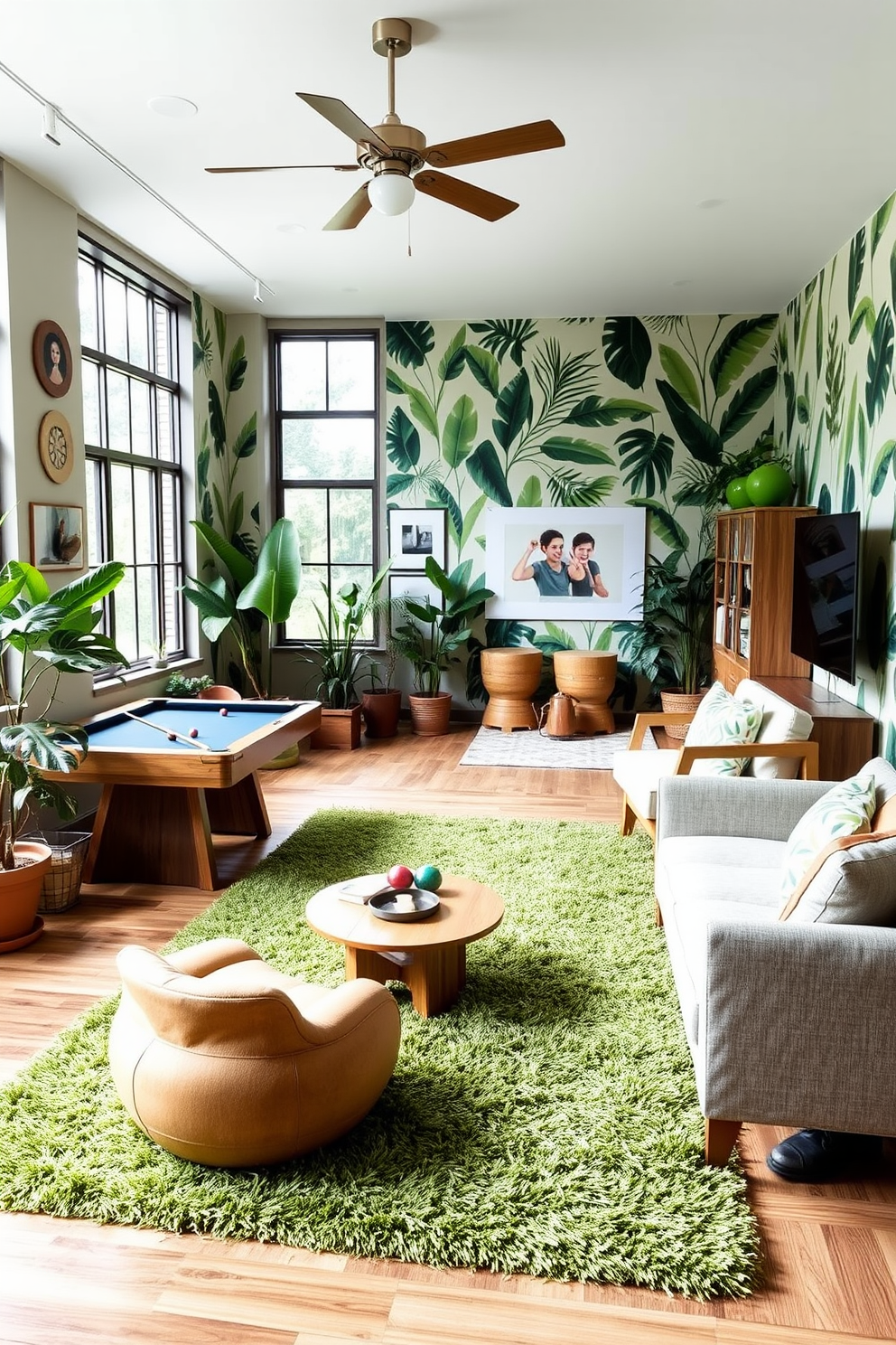 A vibrant game room infused with nature-inspired decor elements. The walls are adorned with botanical prints and the furniture features natural wood finishes. A plush green rug mimics the feel of grass underfoot while potted plants are strategically placed around the room. Large windows allow natural light to flood in, creating an inviting atmosphere for relaxation and play.