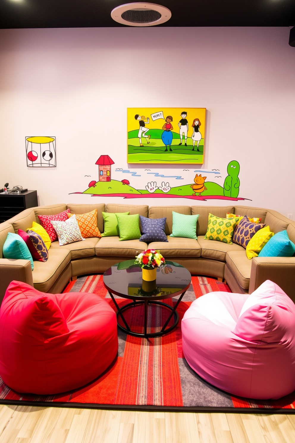 A vibrant game room filled with energy and fun. The seating area features a large sectional sofa adorned with colorful cushions in various patterns and textures. Bright wall art depicting playful scenes adds a cheerful atmosphere. A stylish coffee table sits at the center, surrounded by plush bean bags for additional seating.