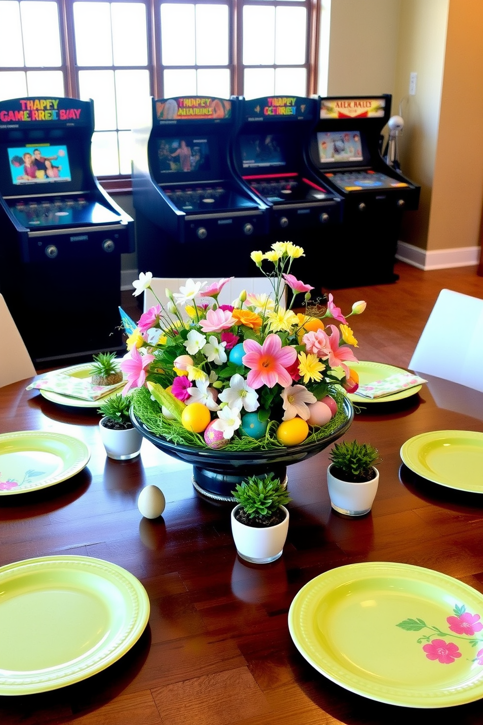 A vibrant game table centerpiece for a spring-themed game room. The centerpiece features a lush arrangement of fresh flowers in pastel hues, surrounded by colorful decorative eggs and small potted plants. The table is set with playful tableware that includes light green plates and cheerful napkins adorned with floral patterns. Soft, natural lighting enhances the inviting atmosphere, creating a perfect setting for fun and relaxation.