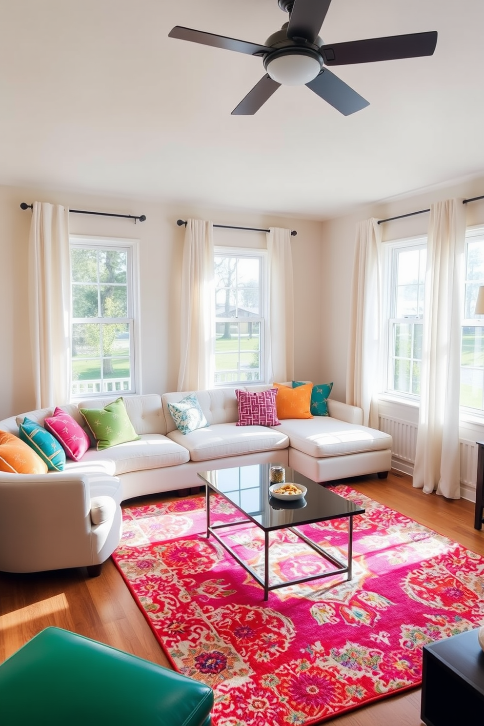 A bright and airy game room filled with natural light. The walls are painted in a soft pastel color, and light curtains hang gracefully at the windows, allowing sunlight to flood the space. In one corner, there is a comfortable sectional sofa adorned with colorful throw pillows. A sleek coffee table sits in front, surrounded by a vibrant area rug that adds warmth and texture to the room.