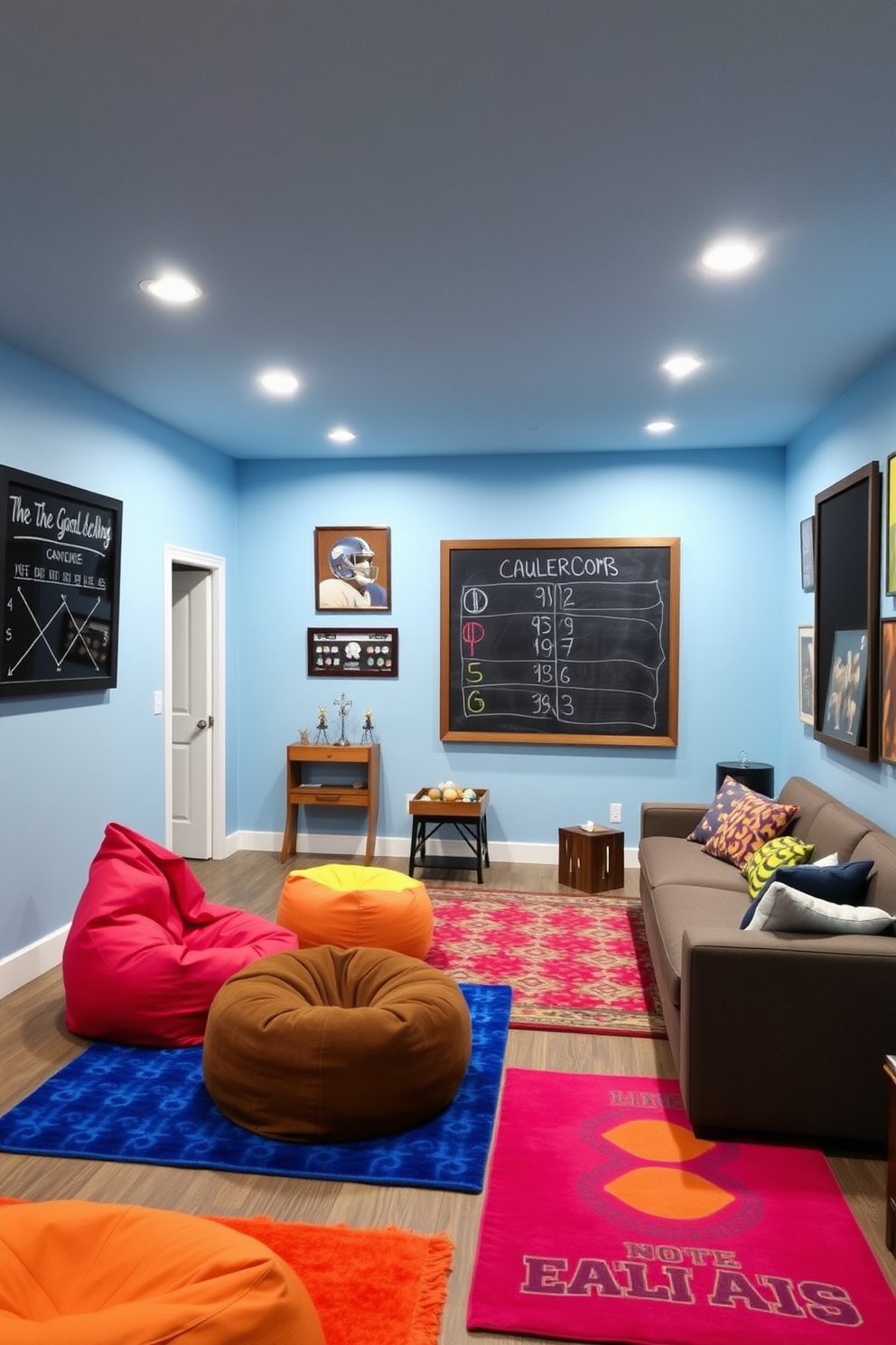 A vibrant game room designed for entertainment and relaxation. The walls are painted in a playful light blue, and a large chalkboard is mounted on one wall for keeping track of game scores. Comfortable seating includes a mix of bean bags and a sectional sofa, creating an inviting atmosphere. Brightly colored rugs define the gaming areas, while wall art featuring sports themes adds a fun touch.