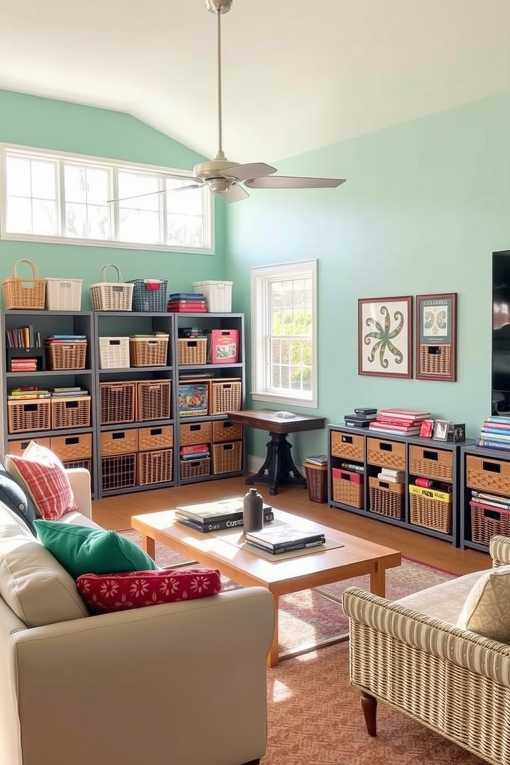 A vibrant game room filled with natural light. Decorative baskets in various sizes are used for stylish game storage, creating an organized yet inviting atmosphere. The walls are painted in a cheerful pastel color, enhancing the playful vibe of the space. Comfortable seating options are arranged around a central coffee table, perfect for game nights with friends and family.