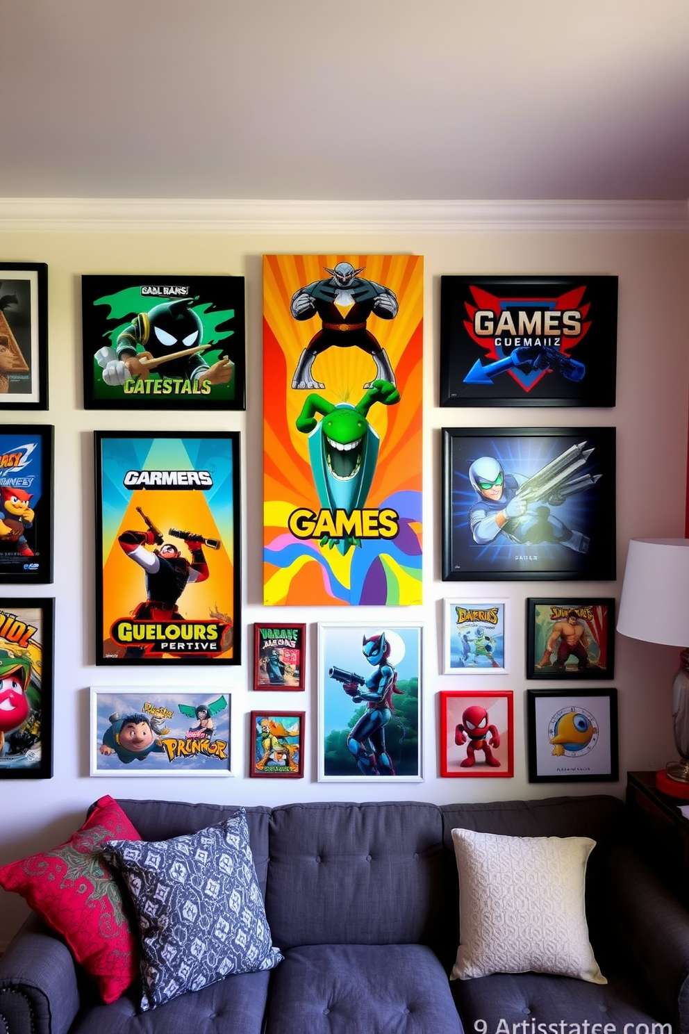 Create a vibrant gallery wall featuring an eclectic mix of game art, showcasing various styles and genres. Incorporate framed posters, canvas prints, and 3D elements to bring energy and personality to the space. Use a cohesive color palette that complements the room's decor, ensuring each piece contributes to a unified look. Arrange the artwork in a visually appealing layout that invites conversation and reflects your passion for gaming.