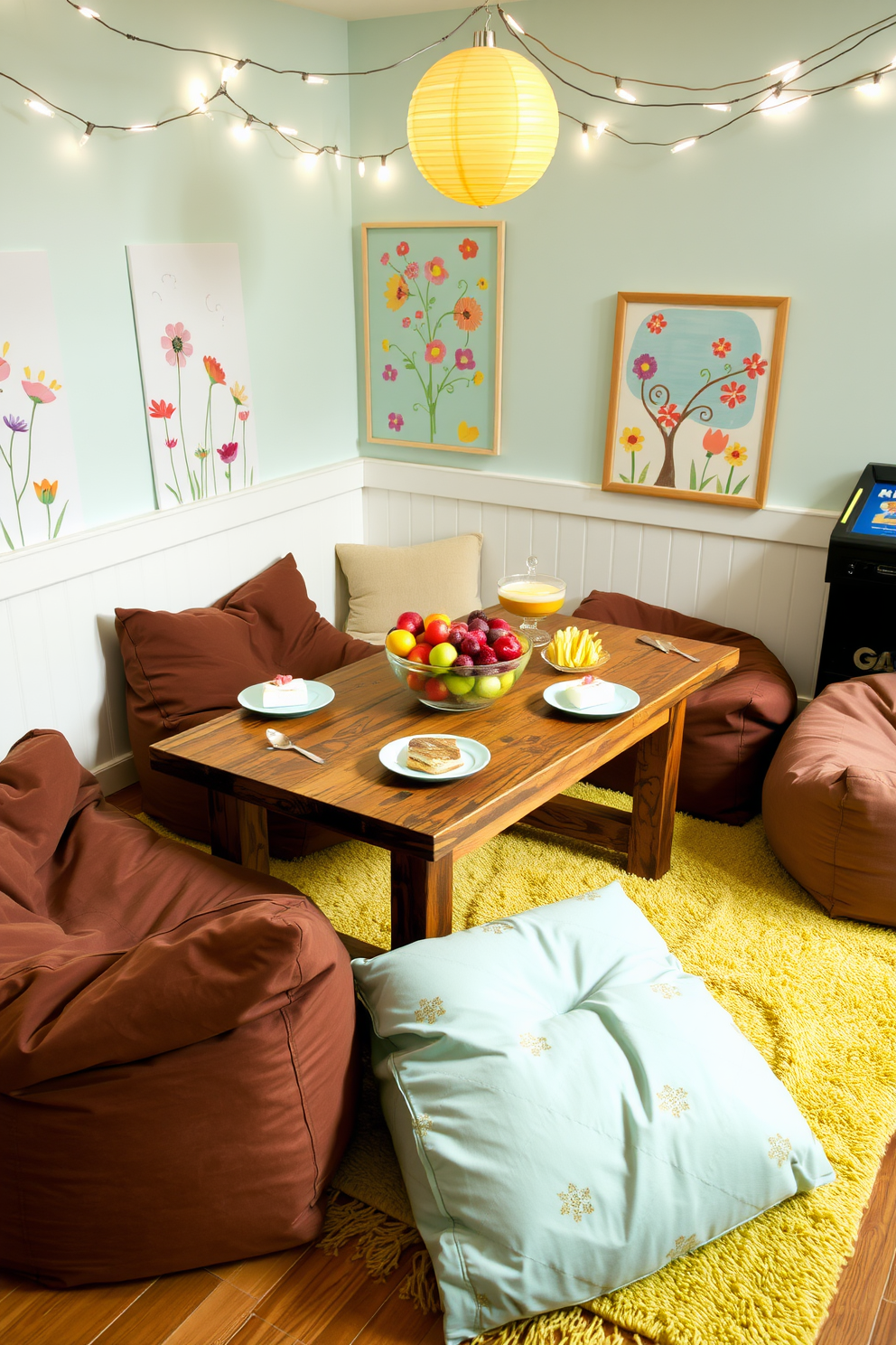 A cozy snack station is set up in a bright corner of the game room, featuring a rustic wooden table adorned with pastel-colored plates filled with seasonal treats. Surrounding the table are comfortable bean bags and a cheerful rug that adds a pop of color to the space. The walls are decorated with playful spring-themed artwork, and fairy lights twinkle overhead, creating a festive atmosphere. A large bowl of fresh fruit sits at the center of the table, inviting guests to indulge in healthy options while enjoying their games.