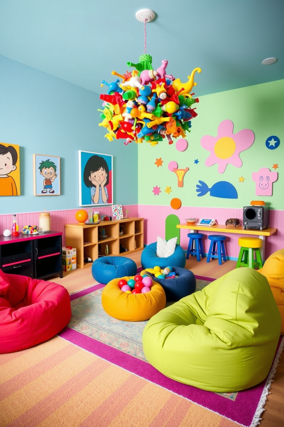 A vibrant game room filled with whimsical decorations that inspire playfulness. The walls are painted in bright pastel colors, adorned with oversized wall art featuring cartoon characters and abstract shapes. Colorful bean bags and oversized floor cushions create a cozy seating area, inviting friends and family to gather. A playful chandelier made of colorful plastic toys hangs from the ceiling, adding a fun focal point to the space.