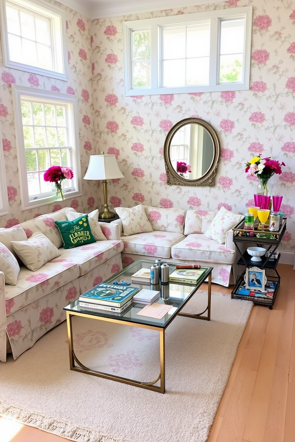 A vibrant game room filled with natural light features walls adorned with floral-patterned wallpaper in soft pastel hues. The space includes a comfortable sectional sofa covered in a coordinating floral fabric, and a large coffee table with a glass top, showcasing a collection of board games underneath. In one corner, a stylish bar cart is decorated with fresh flowers and colorful drinkware, adding a cheerful touch. The flooring is a light wood, and a plush area rug with a subtle floral design anchors the seating area, inviting relaxation and fun.