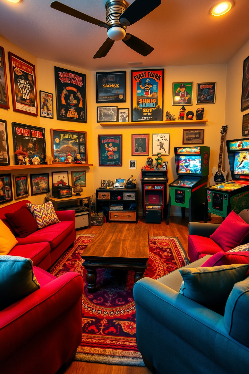 A cozy game room filled with vintage game memorabilia. The walls are adorned with framed posters of classic arcade games and shelves display collectible figurines from beloved childhood games. In the center, a large wooden coffee table is surrounded by plush seating in vibrant colors. A retro-style rug anchors the space, and a vintage pinball machine stands proudly in one corner, inviting playful nostalgia.