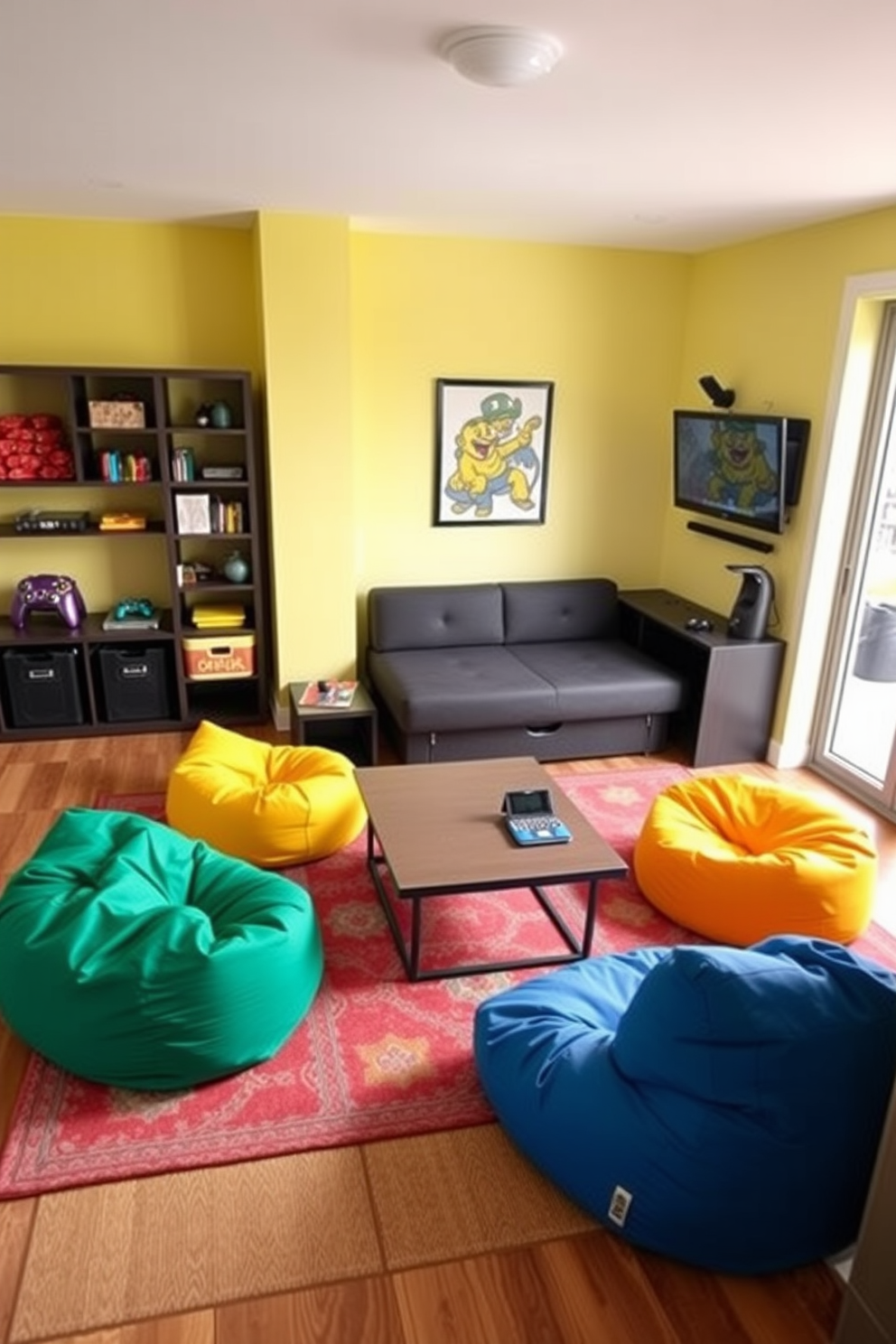 A vibrant game room featuring multi-functional furniture that maximizes space. There is a sleek convertible sofa that transforms into a bed, paired with a stylish coffee table that doubles as storage. Brightly colored bean bags are scattered around for additional seating, while a wall-mounted gaming console keeps the area organized. The walls are adorned with playful artwork, and a large rug anchors the seating area, adding warmth to the lively atmosphere.