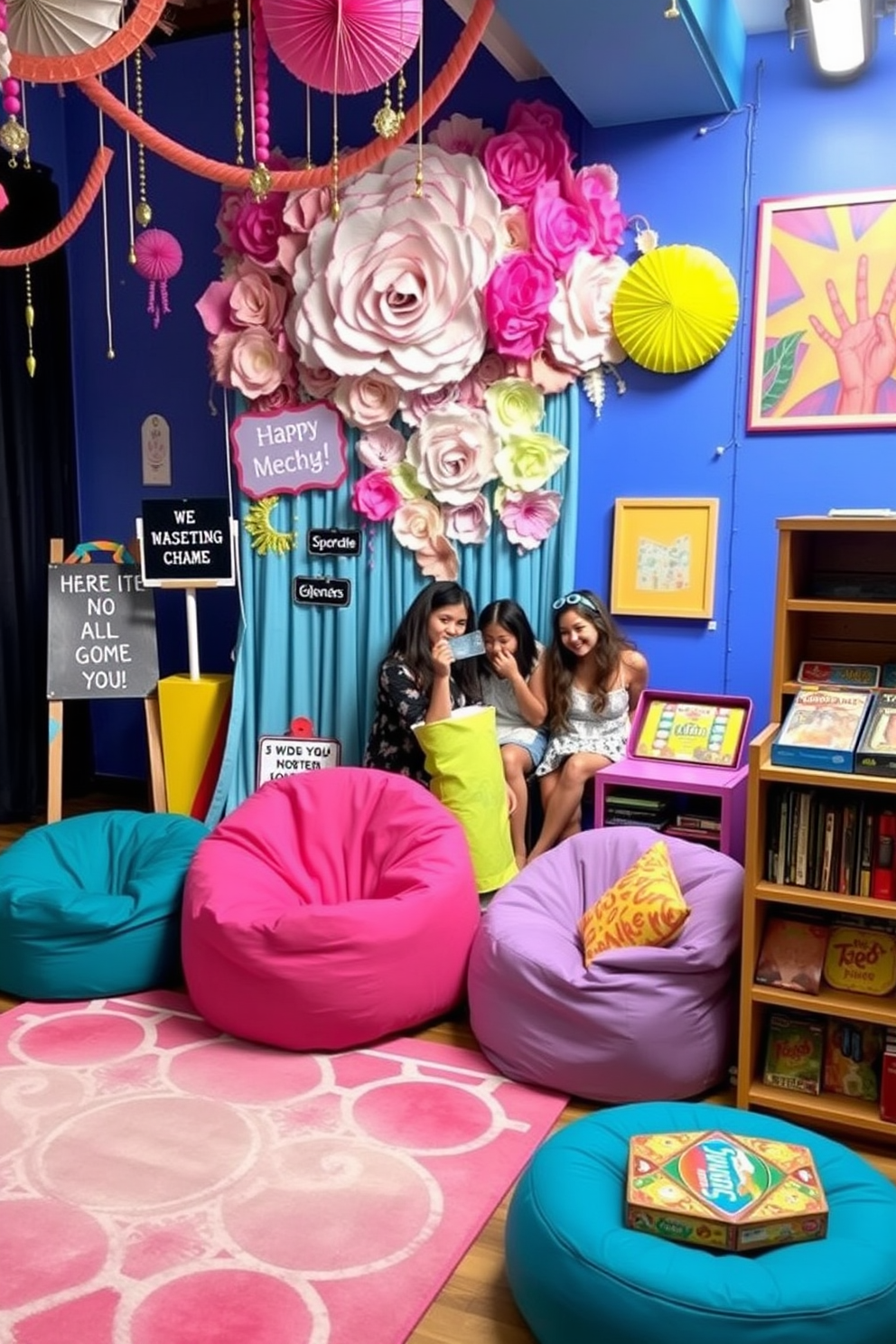 A vibrant photo booth area filled with colorful decorations and playful props. The backdrop features a large floral arrangement with pastel colors, and there are fun signs that encourage guests to take pictures. The game room is designed with a cozy seating arrangement including bean bags and a stylish rug. Brightly colored artwork adorns the walls, and a selection of board games is neatly displayed on a wooden shelf.