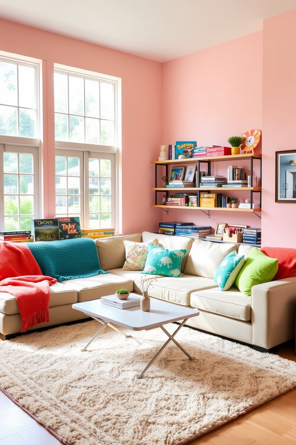 A vibrant game room filled with natural light. The walls are painted in a soft pastel color, and a comfortable sectional sofa is adorned with bright throw blankets for added coziness. In one corner, a stylish coffee table sits atop a plush area rug. Shelves filled with board games and colorful decor items add a playful touch to the space.