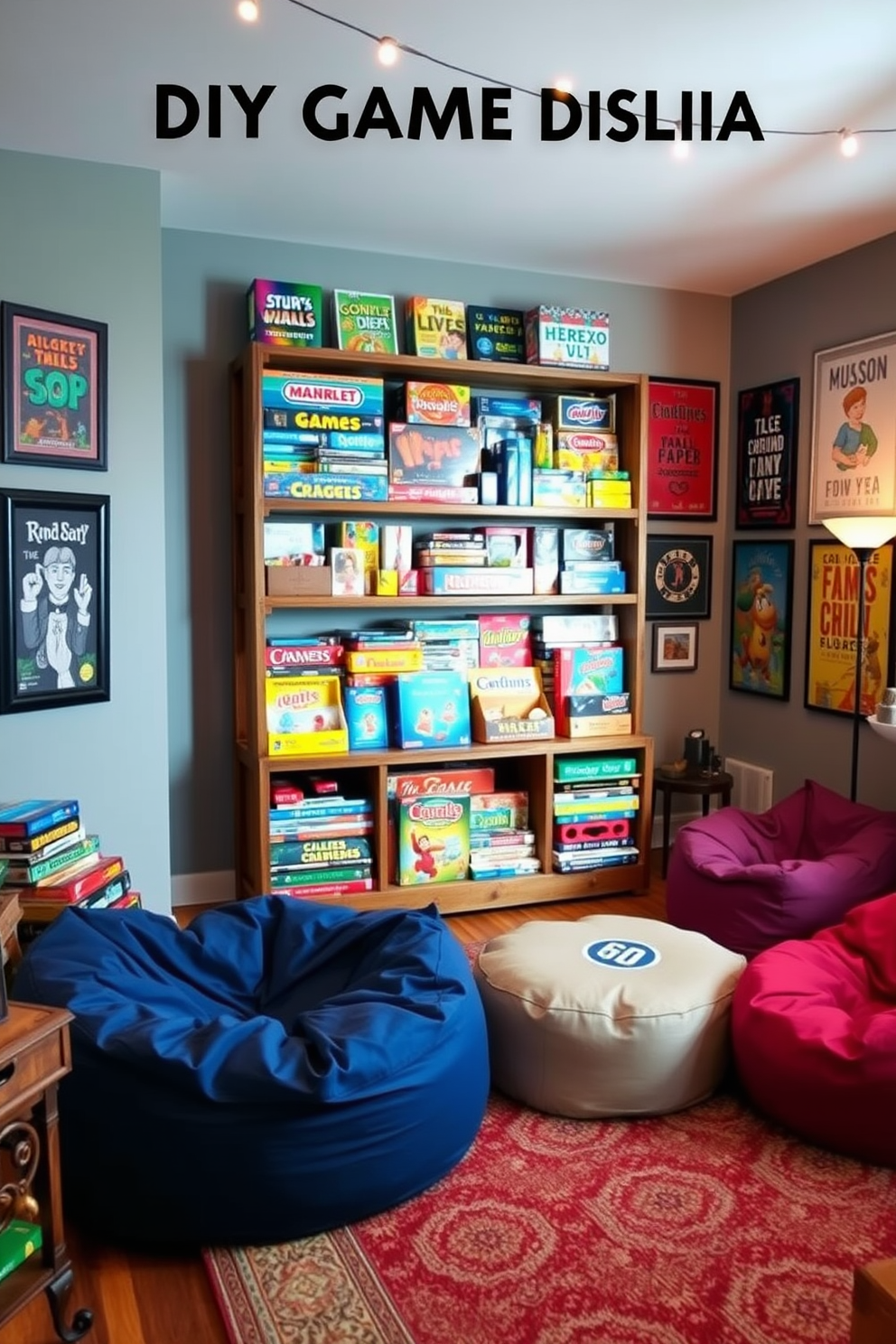 Create a DIY game display area that features a rustic wooden shelving unit filled with board games and colorful game boxes. Add a cozy seating arrangement with bean bags and a large rug to create an inviting atmosphere for family and friends to enjoy. Incorporate vibrant wall art that reflects a playful theme, such as framed posters of classic games and playful quotes. Enhance the space with warm lighting from string lights or floor lamps to create a welcoming environment for game nights.