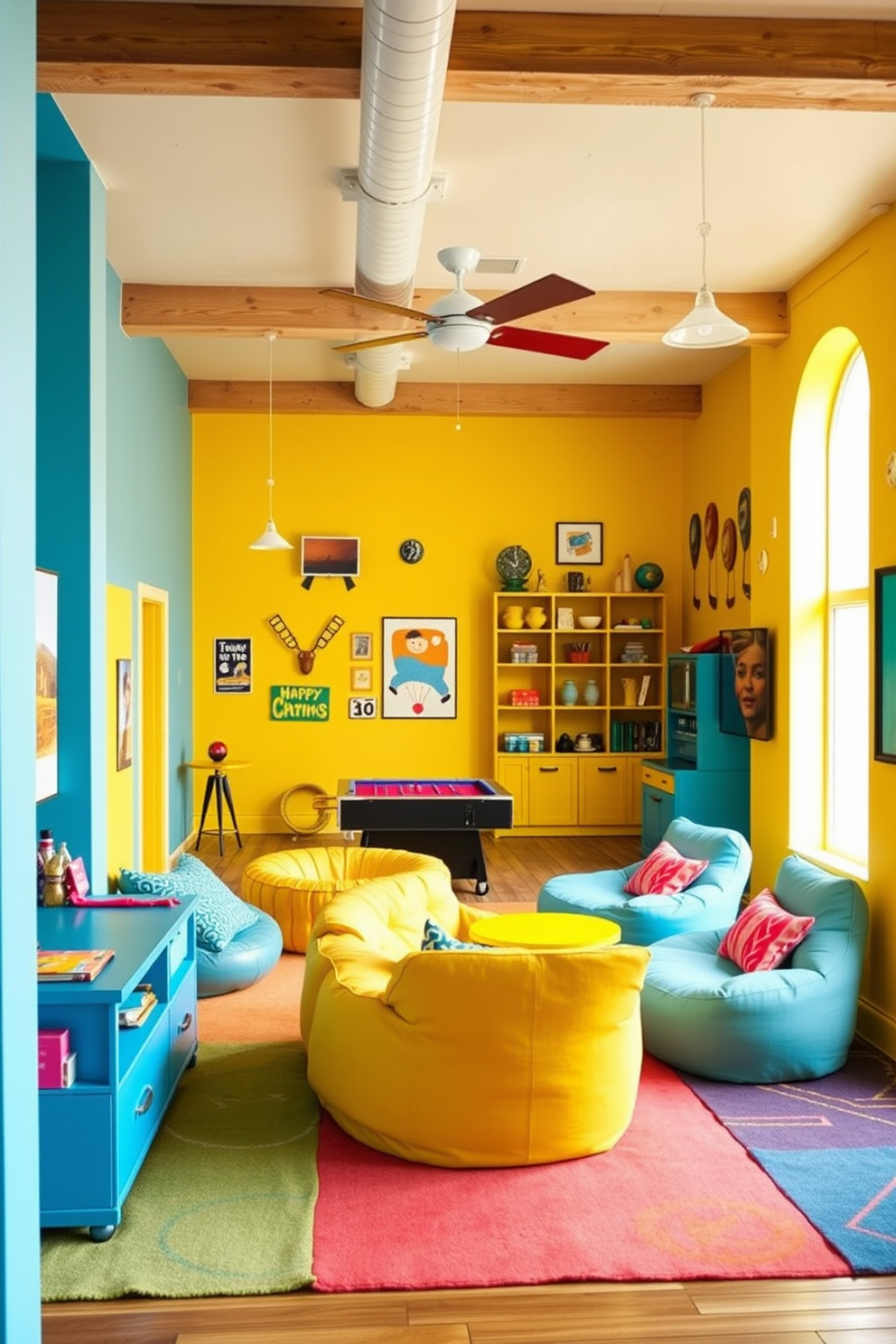 A vibrant game room filled with playful energy. The furniture is painted in cheerful colors like sunny yellow and sky blue, creating a lively atmosphere. The walls are adorned with fun, whimsical artwork that complements the colorful furniture. A cozy seating area features a mix of bean bags and stylish chairs, inviting friends and family to gather and play.