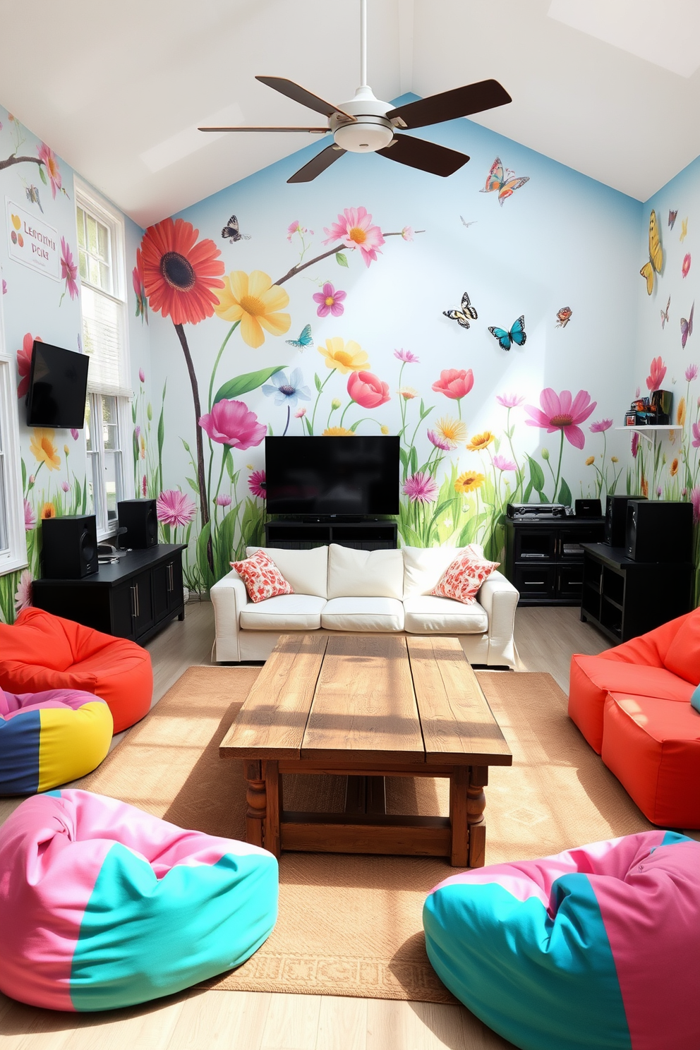 A vibrant game room filled with natural light. The walls are adorned with a lively spring-themed mural featuring blooming flowers and playful butterflies, creating an inviting atmosphere. The room includes a large, comfortable sectional sofa in pastel colors, perfect for lounging during game nights. A rustic wooden coffee table sits in the center, surrounded by colorful bean bags for additional seating.