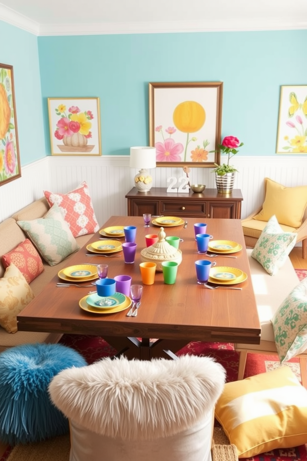 Create a vibrant game room setting designed for spring. The space features playful tableware in bright colors, including whimsical plates and cups, arranged on a large wooden table surrounded by comfortable seating. Decorate the walls with cheerful artwork that reflects the spirit of spring, incorporating floral patterns and sunny hues. Add playful accents like plush cushions and a colorful rug to enhance the inviting atmosphere for game nights.