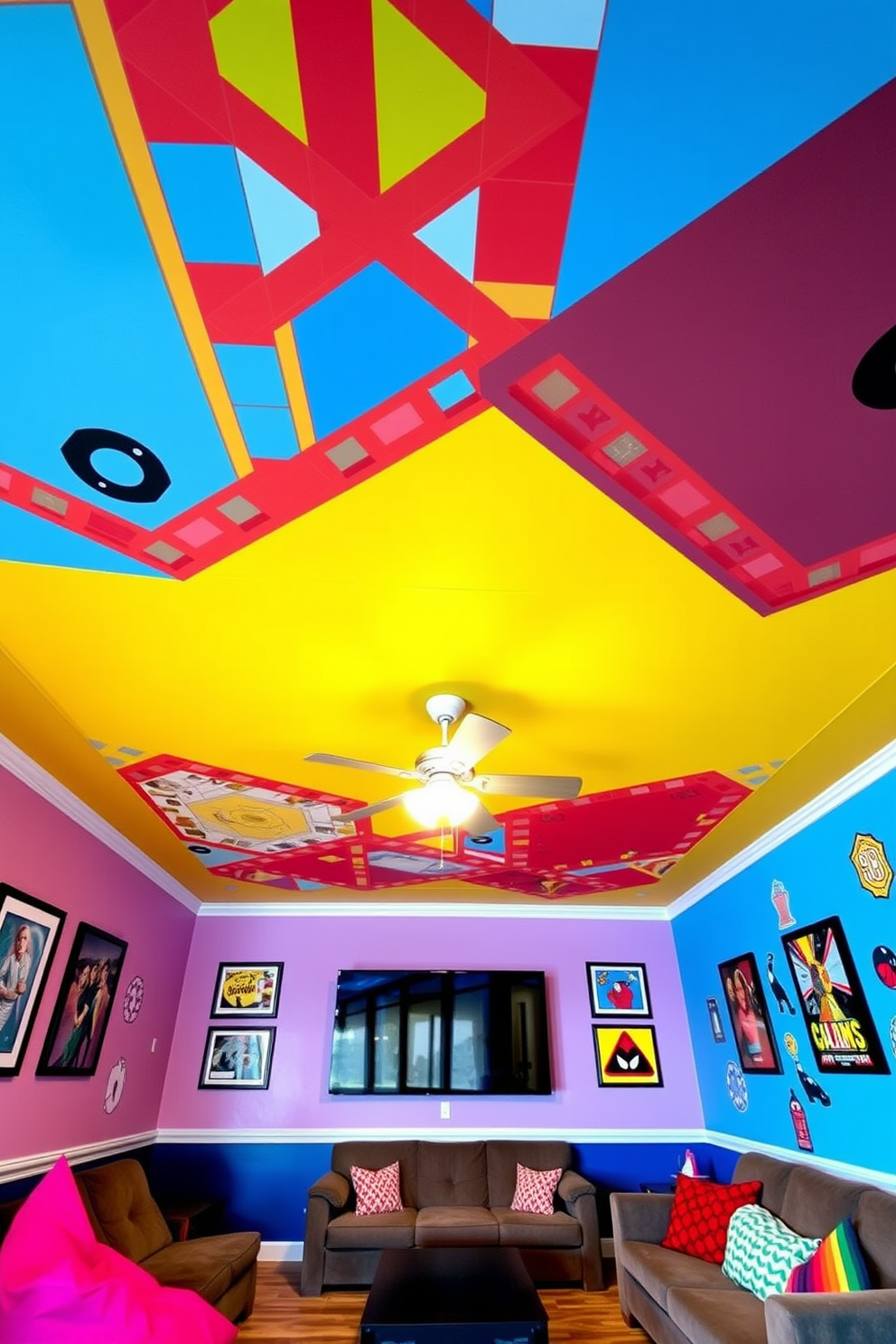 A vibrant game room featuring a unique ceiling design inspired by popular board games. The ceiling is painted with colorful geometric patterns that resemble game boards, creating an immersive atmosphere for entertainment. The walls are adorned with framed artwork of classic games and playful decals. Comfortable seating arrangements with bean bags and a plush sofa invite guests to relax and enjoy game nights.