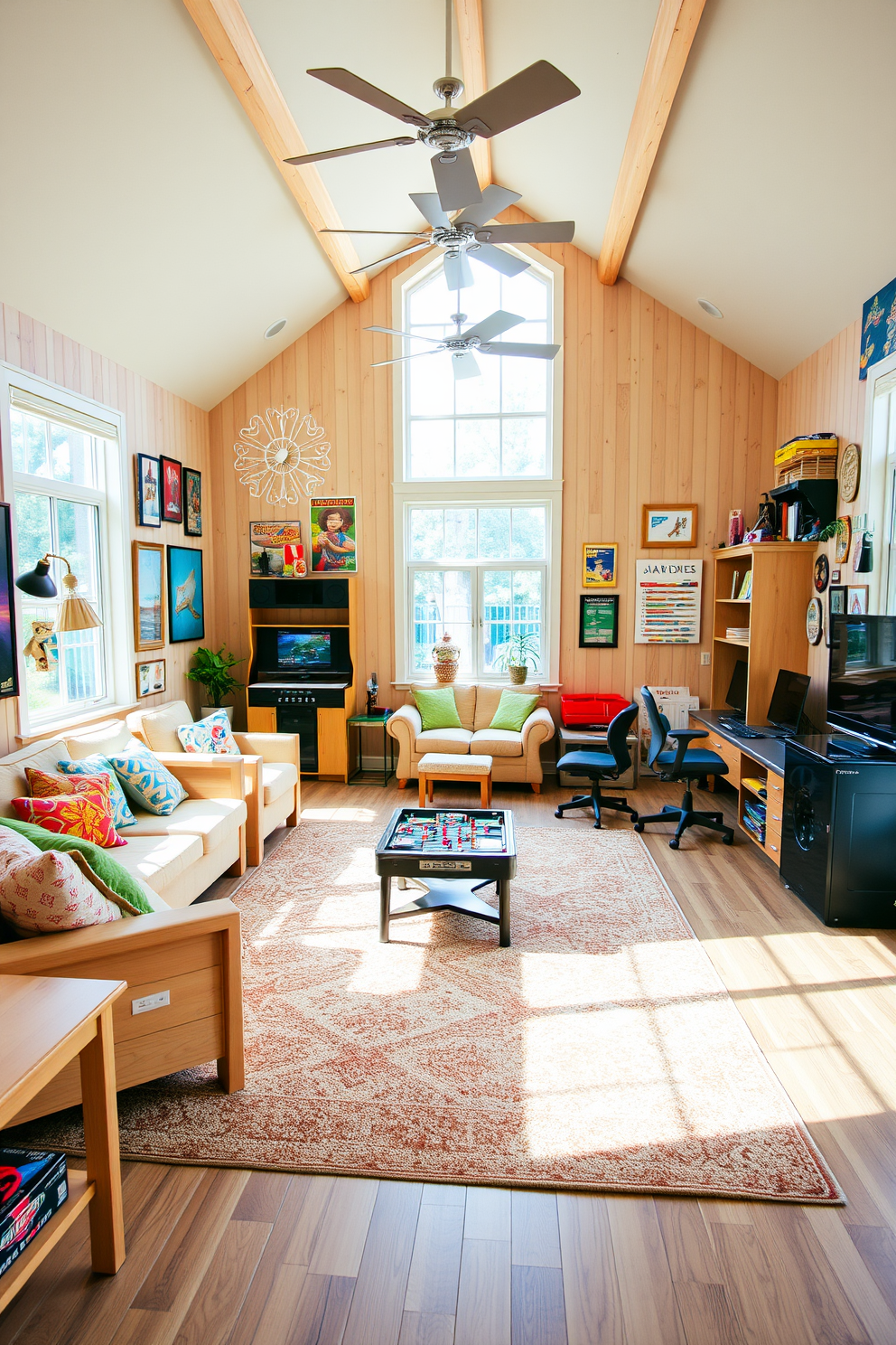 A vibrant game room filled with natural light and a playful atmosphere. Light wood furniture creates warmth, complemented by colorful accents and comfortable seating options. The walls are adorned with fun artwork and game-themed decor, inviting creativity and relaxation. A large area rug adds texture, while a mix of board games and video game consoles provide entertainment for all ages.