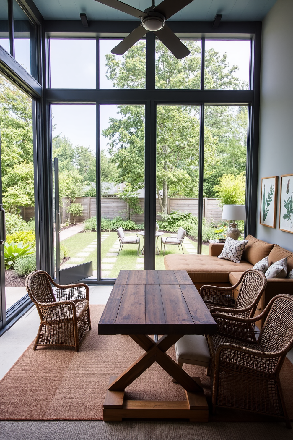 An outdoor-inspired game space featuring large glass doors that open to a lush garden. The room is filled with natural light, showcasing a comfortable sectional sofa in earthy tones and a rustic wooden coffee table. The walls are adorned with botanical prints and the ceiling is painted a soft sky blue. A game table made of reclaimed wood sits in the center, surrounded by wicker chairs, creating a relaxed atmosphere for family and friends.