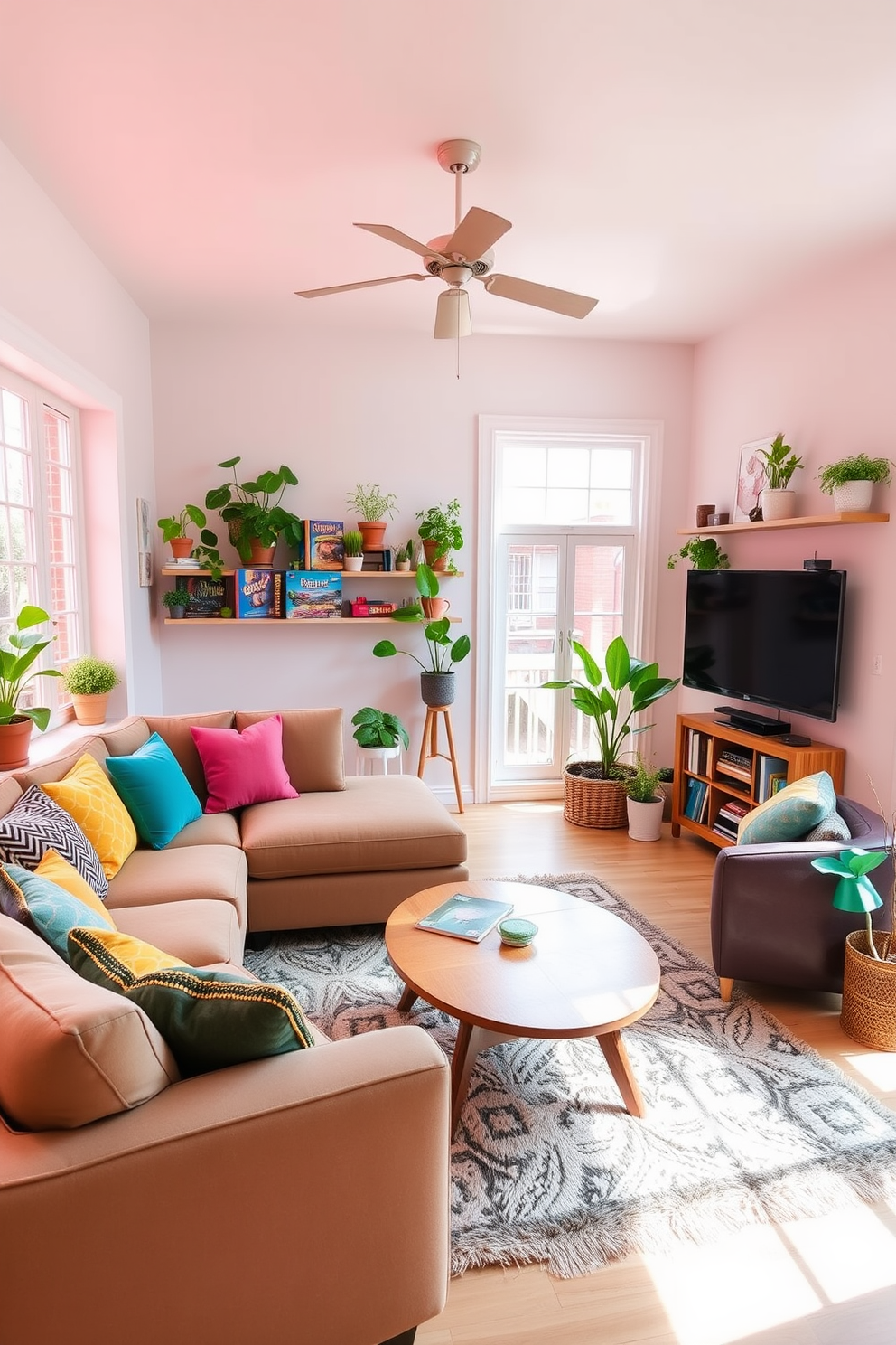 A vibrant game room filled with natural light features a large sectional sofa adorned with colorful throw pillows. In one corner, a stylish coffee table sits atop a plush area rug, while a wall-mounted TV is flanked by shelves filled with board games and books. To enhance the atmosphere, a variety of indoor plants are strategically placed throughout the space, adding a refreshing touch of greenery. The walls are painted in a soft pastel hue, creating a cheerful backdrop that complements the playful decor.