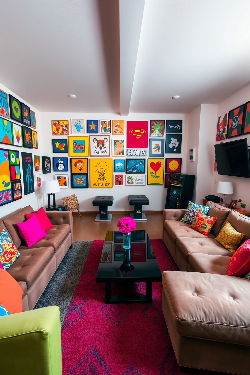 A vibrant game room filled with energy and creativity. The walls are adorned with an array of colorful artwork that adds a lively touch to the space. A large, comfortable sectional sofa invites relaxation, while a sleek coffee table sits in the center. Brightly colored cushions and playful decor elements enhance the cheerful atmosphere.